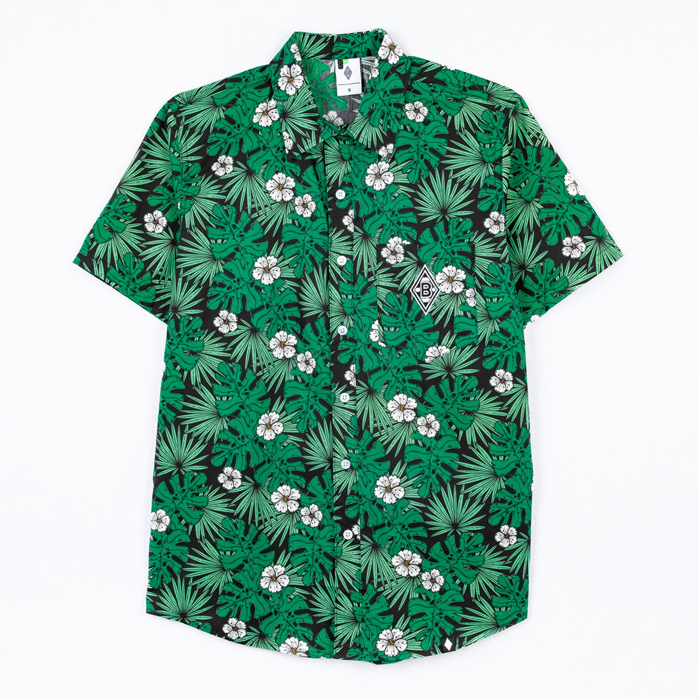 Grünes Kurzarmhemd mit tropischem Pflanzenmuster und Blumen Markenzeichen von Borussia Mönchengladbach.