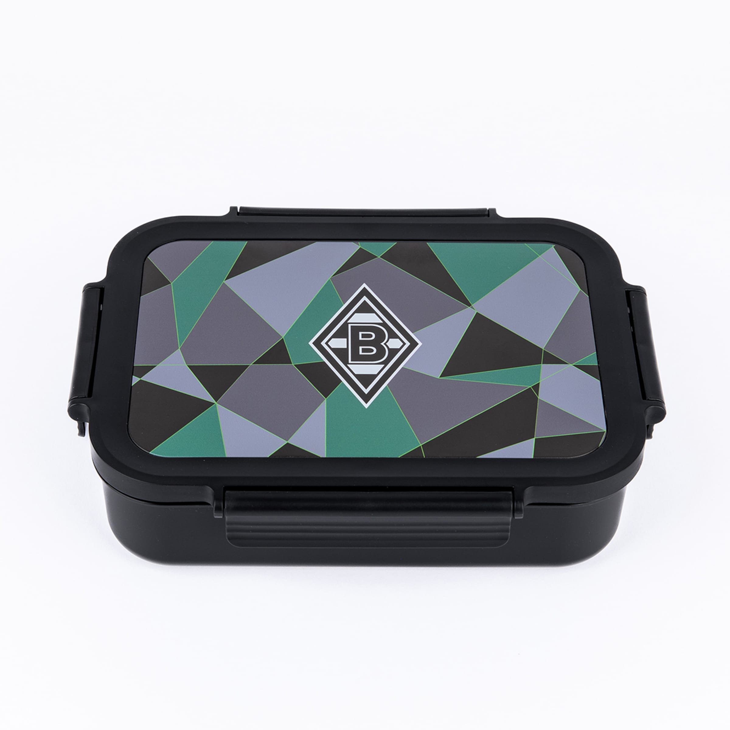 A black lunchbox with a geometric patterned lid in grey, black, and teal, featuring a white Borussia Mönchengladbach "B" logo in the center. The lunchbox is closed on a white background.