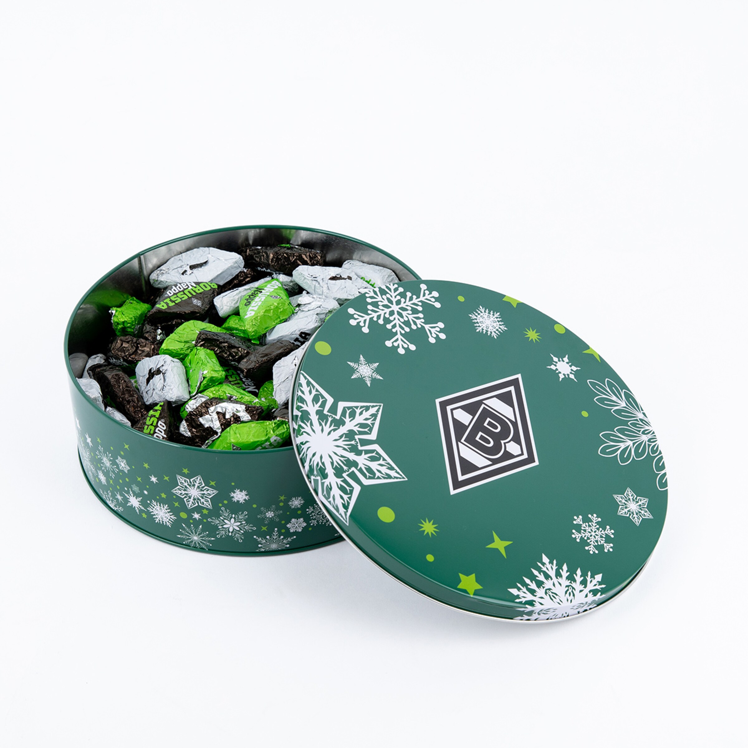 Runde grüne Dose mit Borussia Mönchengladbach-Logo gefüllt mit Süßigkeiten in Silber und Grün.