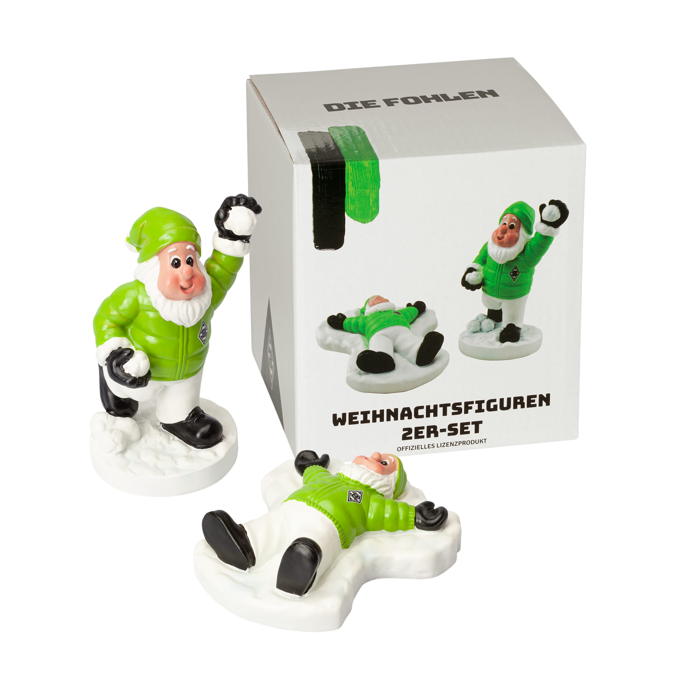2er-Set Weihnachtsfiguren in grüner Kleidung mit Borussia Mönchengladbach-Logo eine Figur steht die andere liegt.