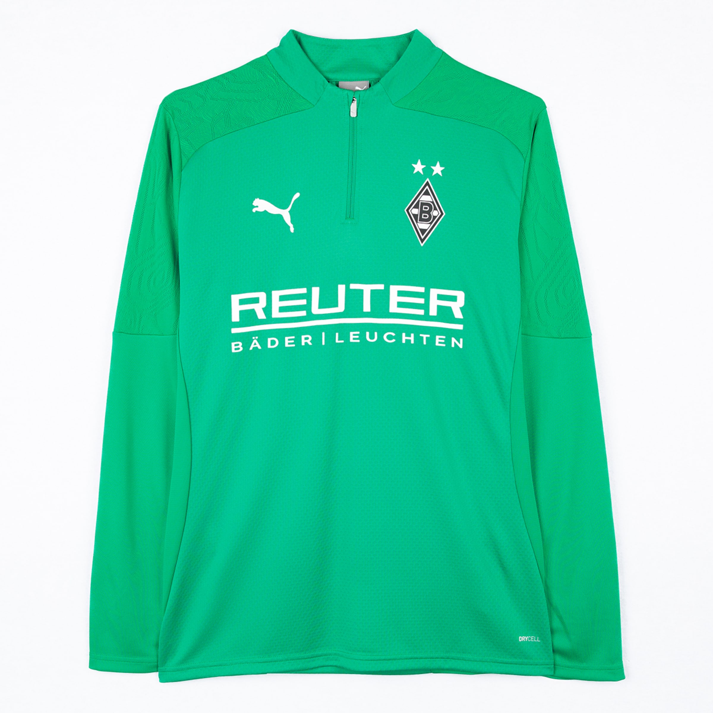 Grüner Trainingspulli von Borussia Mönchengladbach mit halbem Reißverschluss und Puma-Logo.