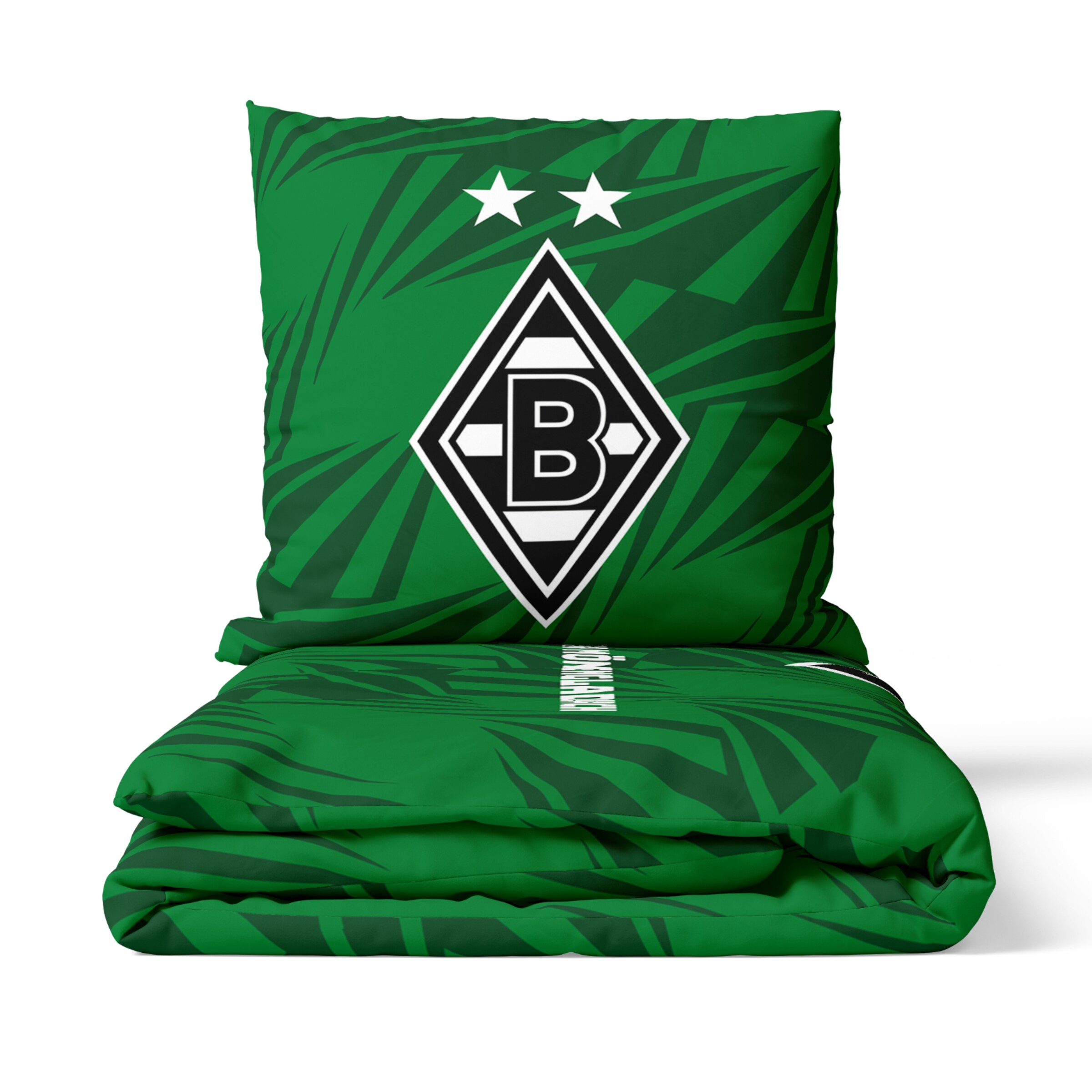 Grüne Borussia Mönchengladbach Bettwäsche mit Vereinslogo und zwei Sternen auf dem Kissen sowie grafischem Muster.