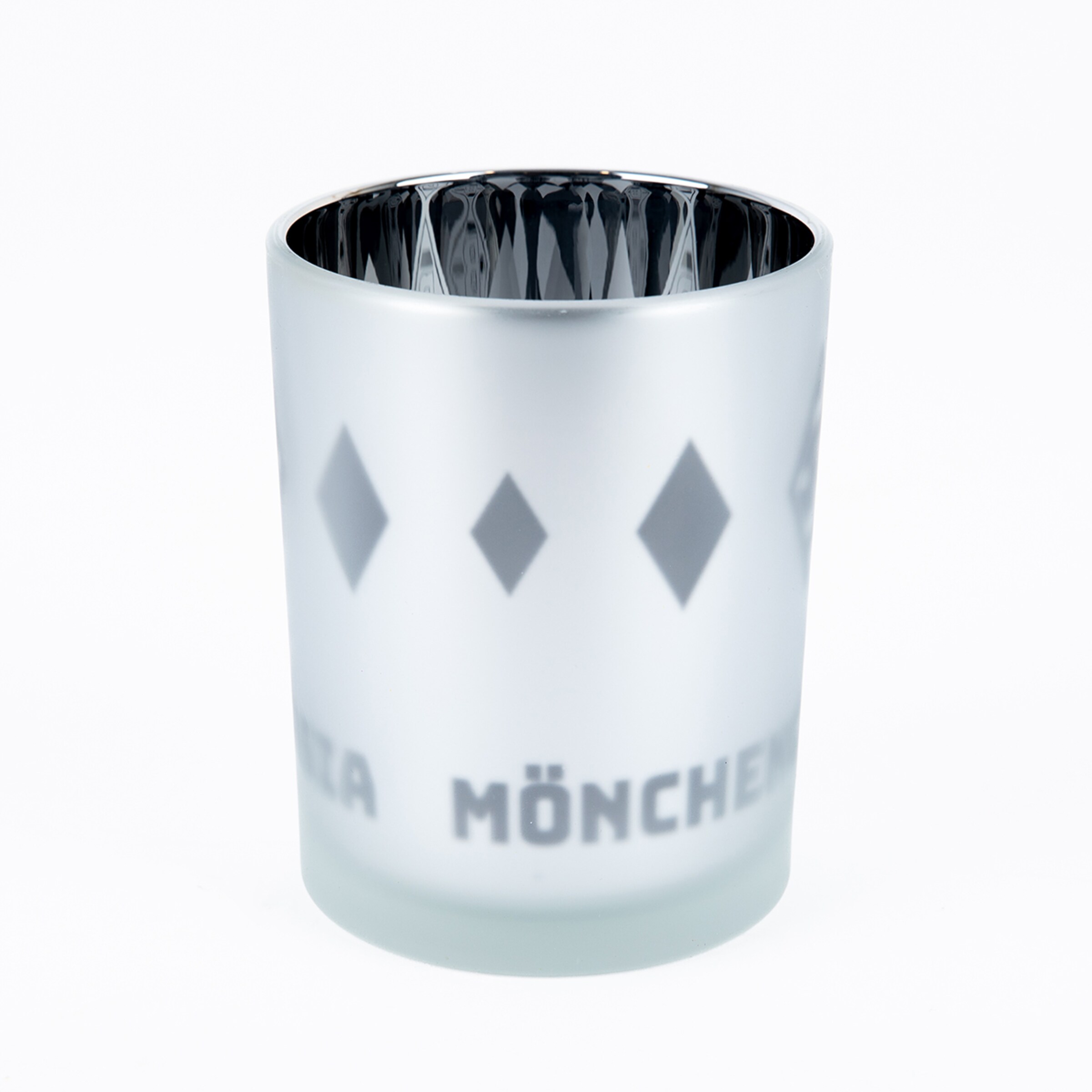 Glas mit aufgedrucktem Logo von Borussia Mönchengladbach und Diamanten-Muster.