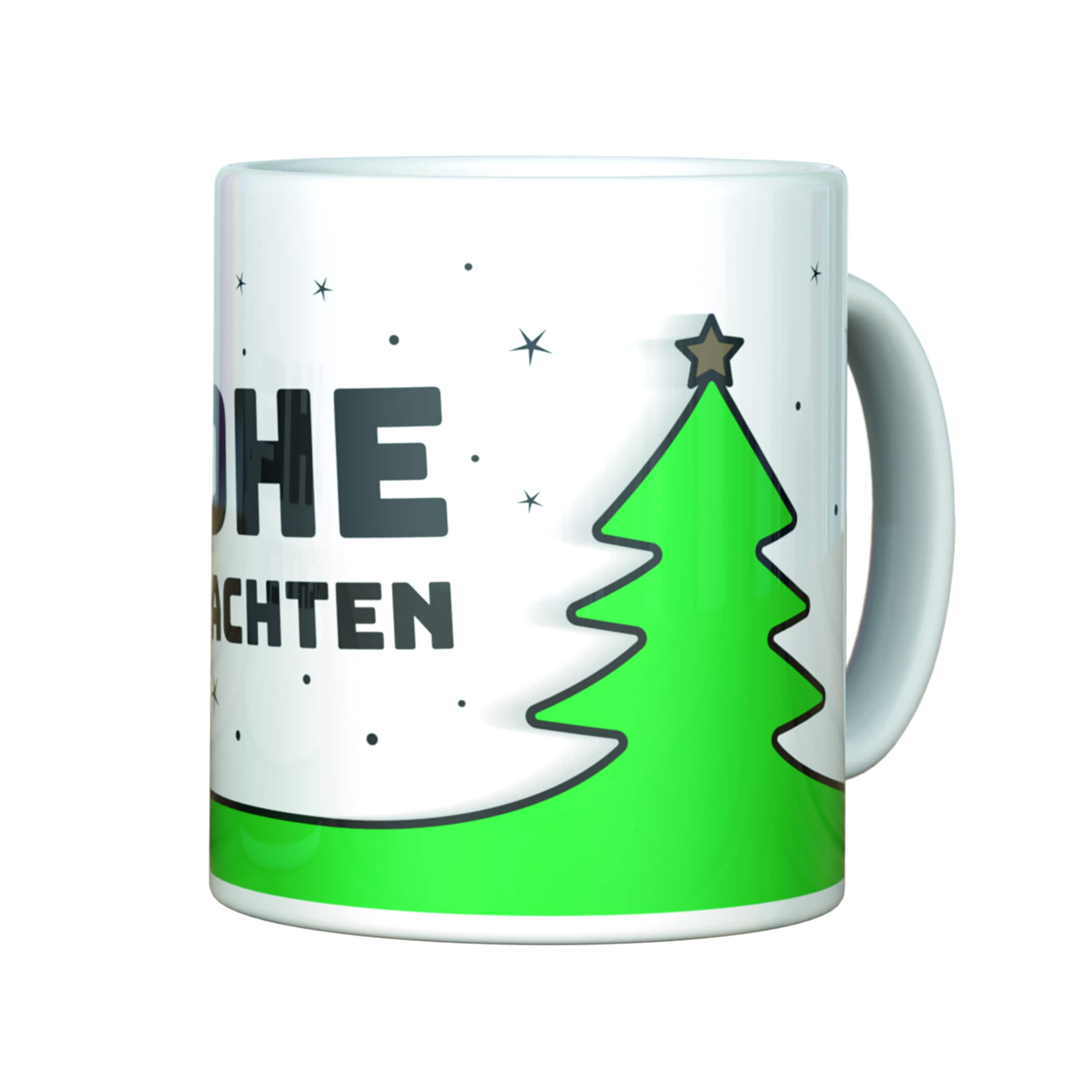 Weiße Tasse mit einem stilisierten grünen Weihnachtsbaum und der deutschen Aufschrift „Frohe Weihnachten“.