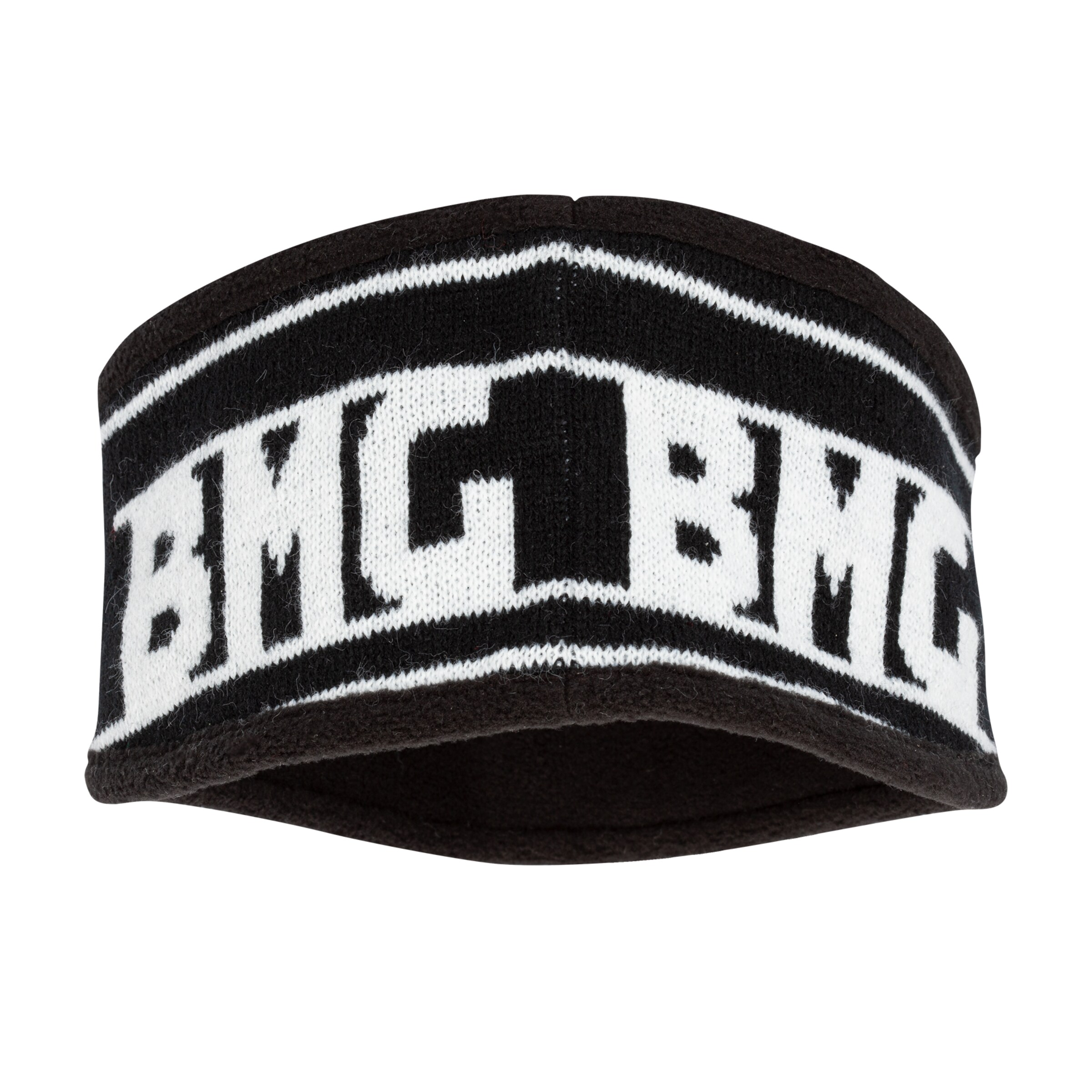 Schwarzes Stirnband mit BMG-Logo in Weiß.