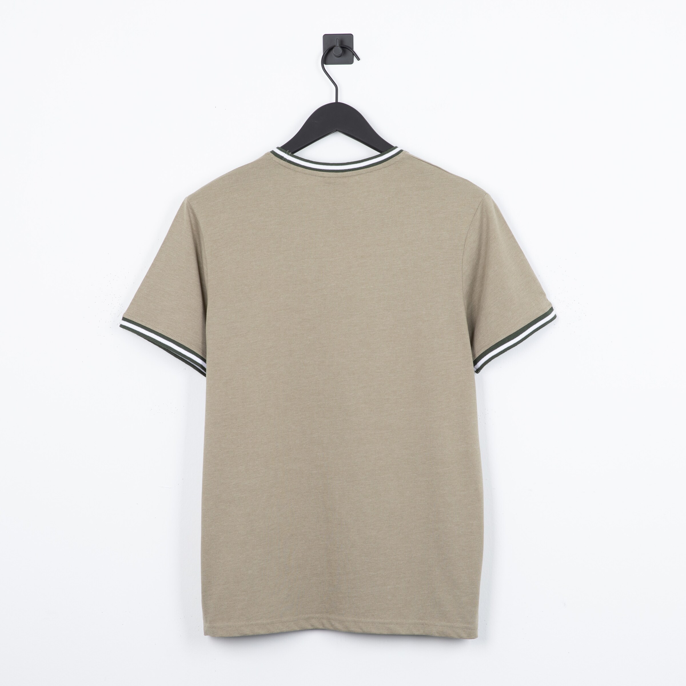 Beige T-shirt with short sleeves and green-white striped collar.