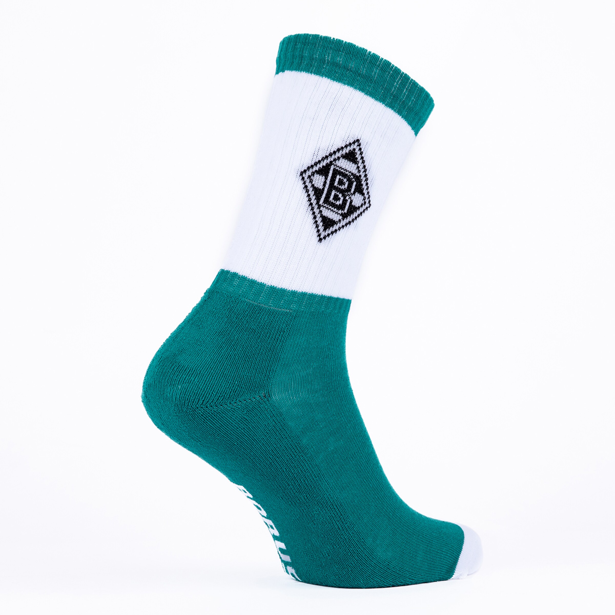 Weiß-grüne Socke mit dem Rauten-Logo von Borussia Mönchengladbach auf weißem Hintergrund.