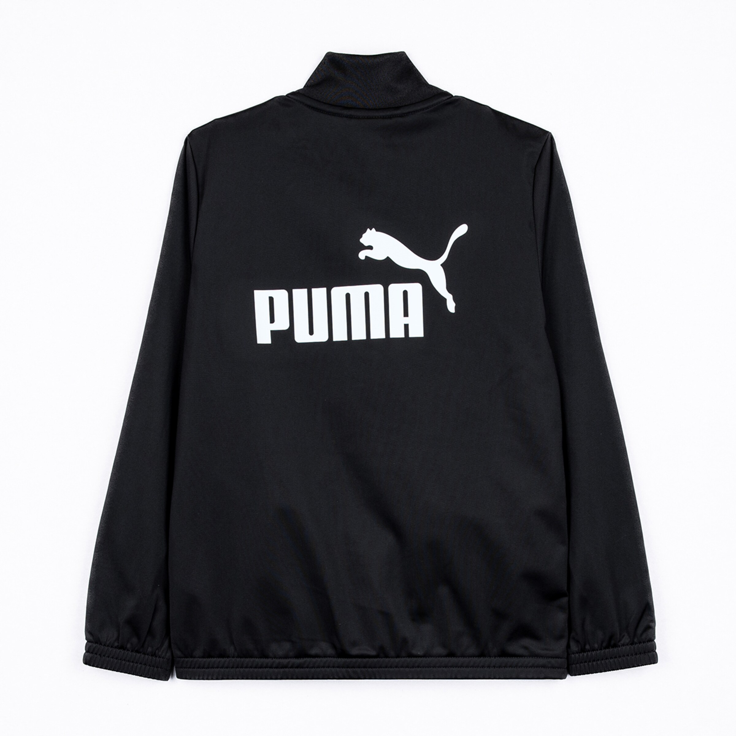Back view of a black Puma track jacket featuring a large white Puma logo and wordmark across the center.