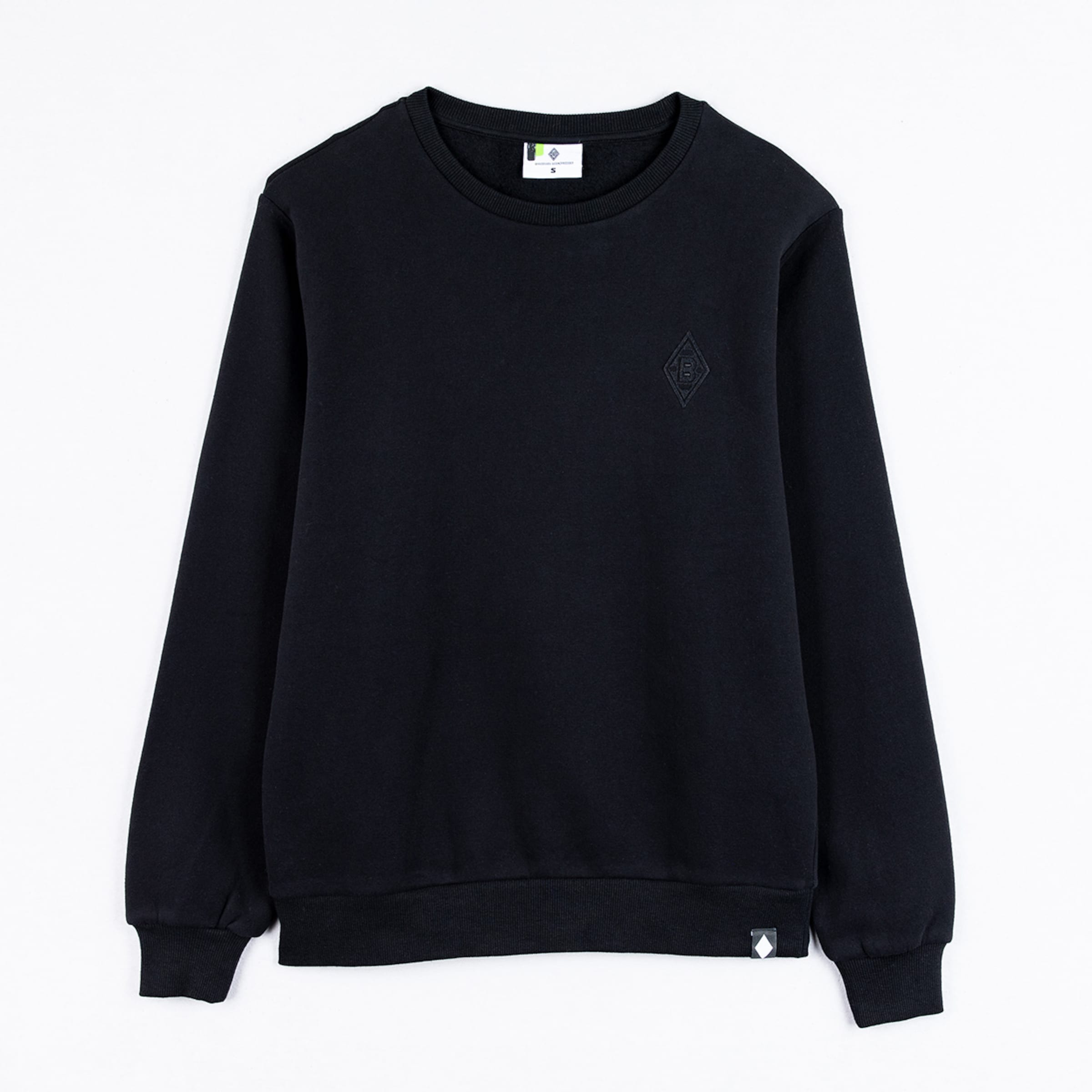 Black crewneck sweatshirt with a subtle embroidered diamond logo on the chest and ribbed trims on a white background.