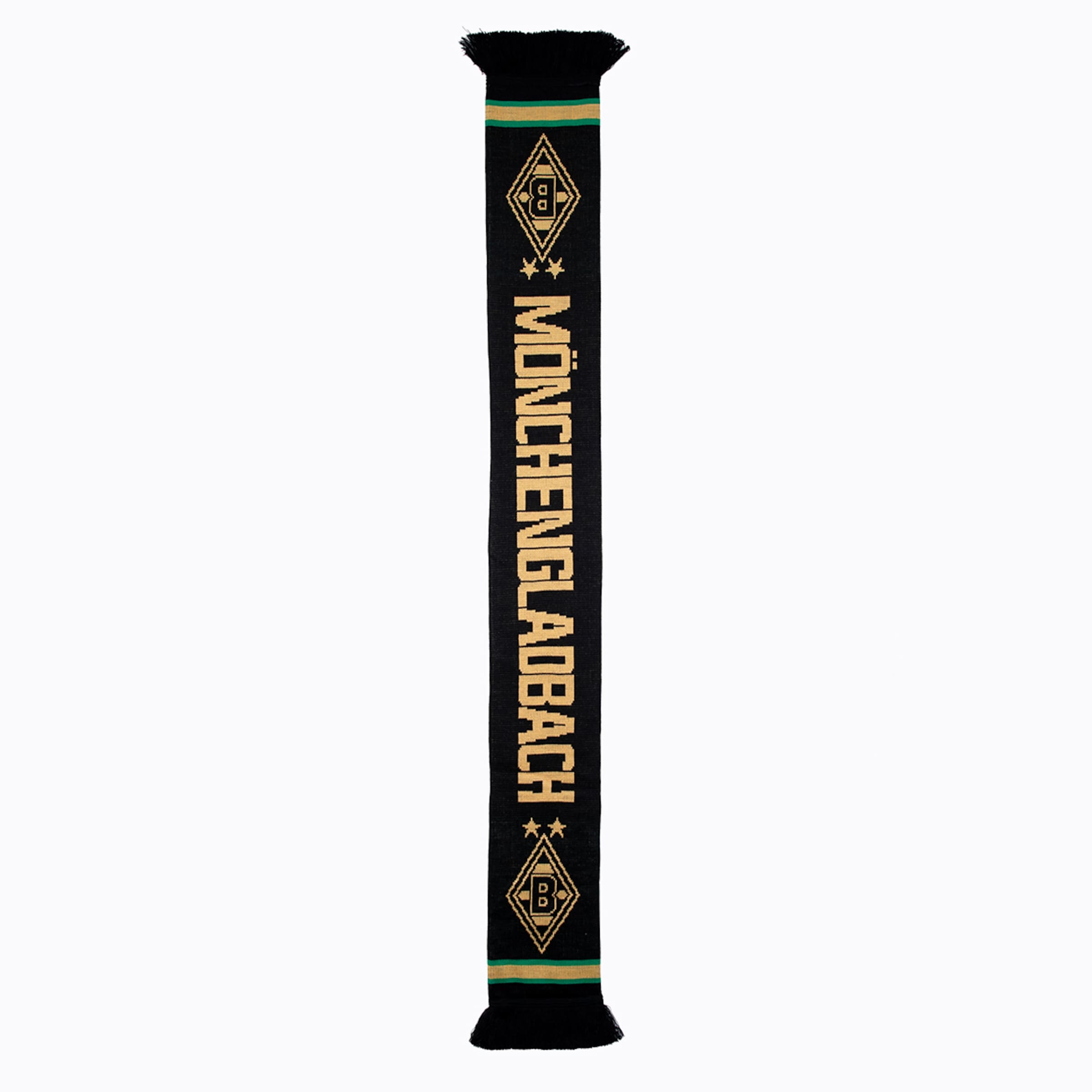 Schwarzer Borussia Mönchengladbach Schal mit goldenem MÖNCHENGLADBACH-Schriftzug, Vereinslogos mit zwei Sternen und grünen Streifen.