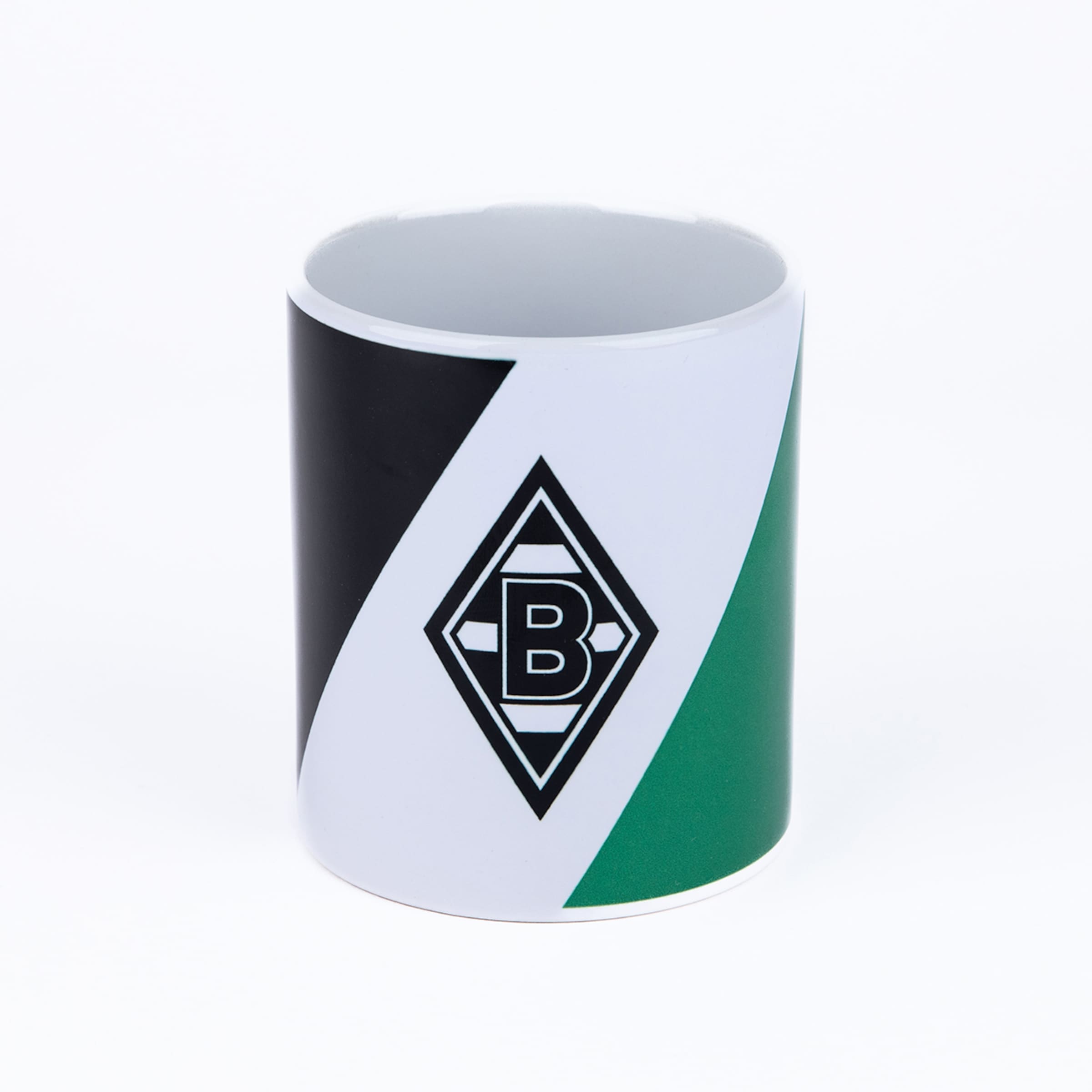 A cylindrical mug featuring the Borussia Mönchengladbach logo in the center, flanked by black, white, and green vertical color blocks. The background is white.