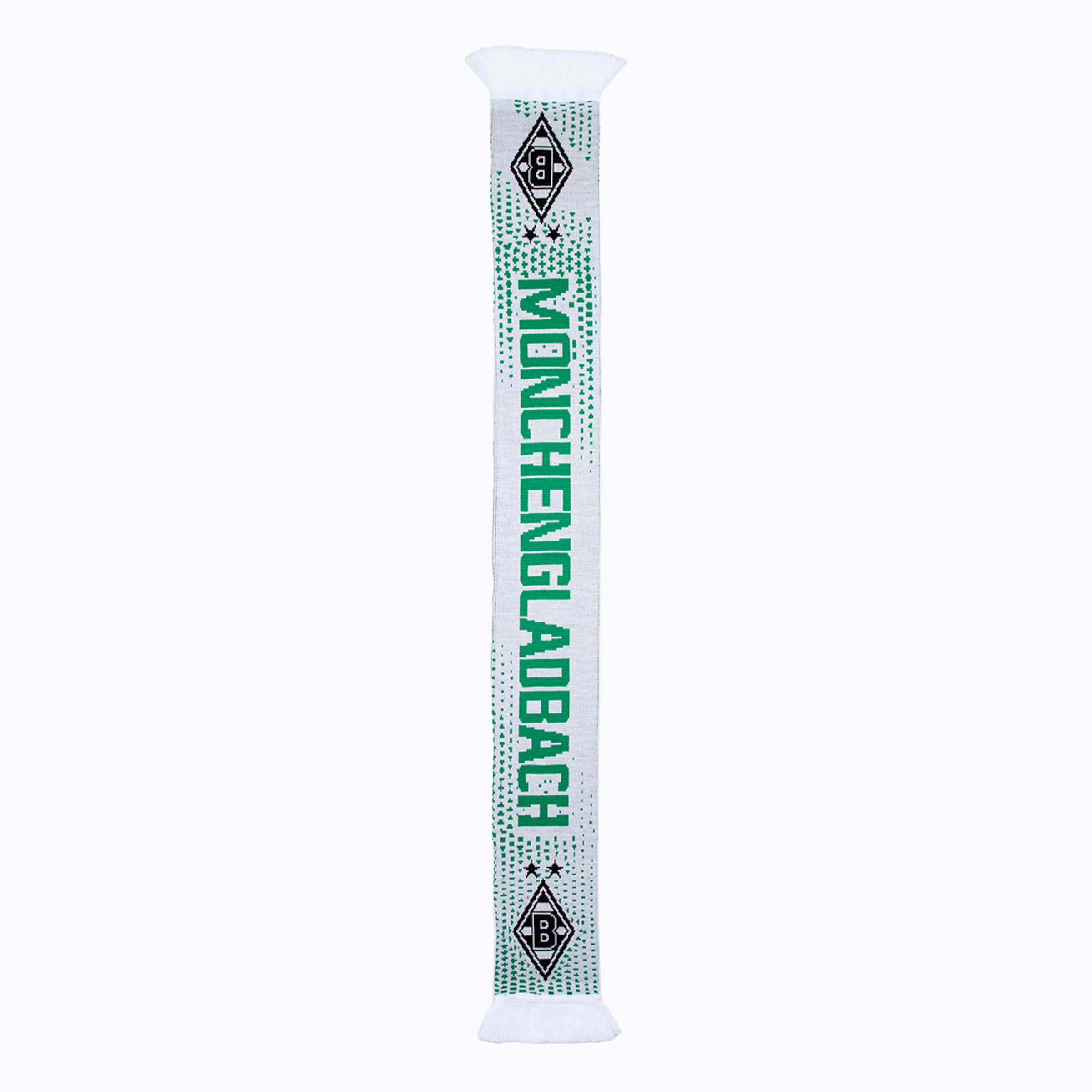 Weißer Borussia Mönchengladbach Schal mit grünem Schriftzug „MÖNCHENGLADBACH“, Vereinslogos an den Enden und grünem Punktmuster.