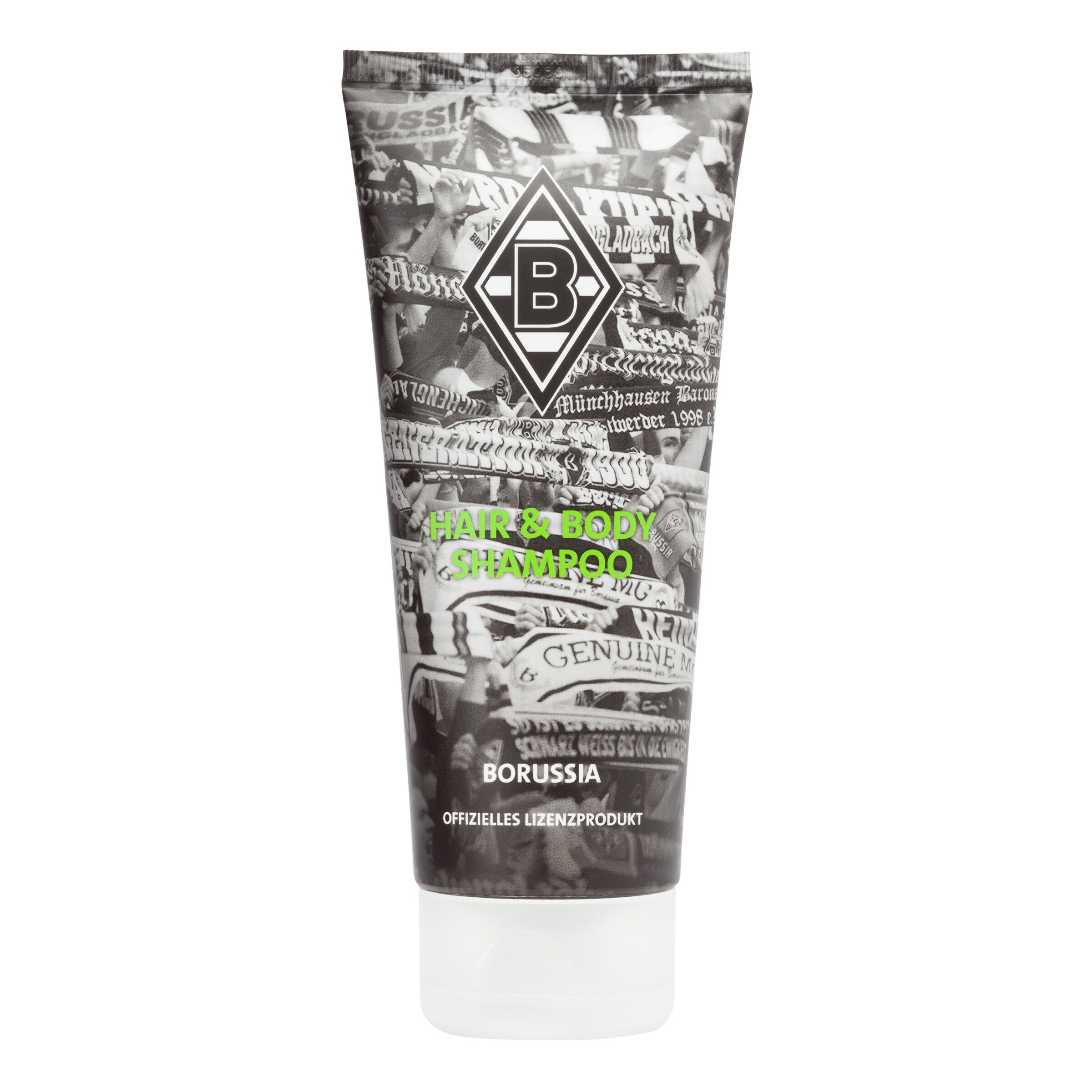 Haare- und Körpershampoo in einem schwarzen Tube mit grünem Schriftzug. Offizielles Lizenzprodukt von Borussia Mönchengladbach.