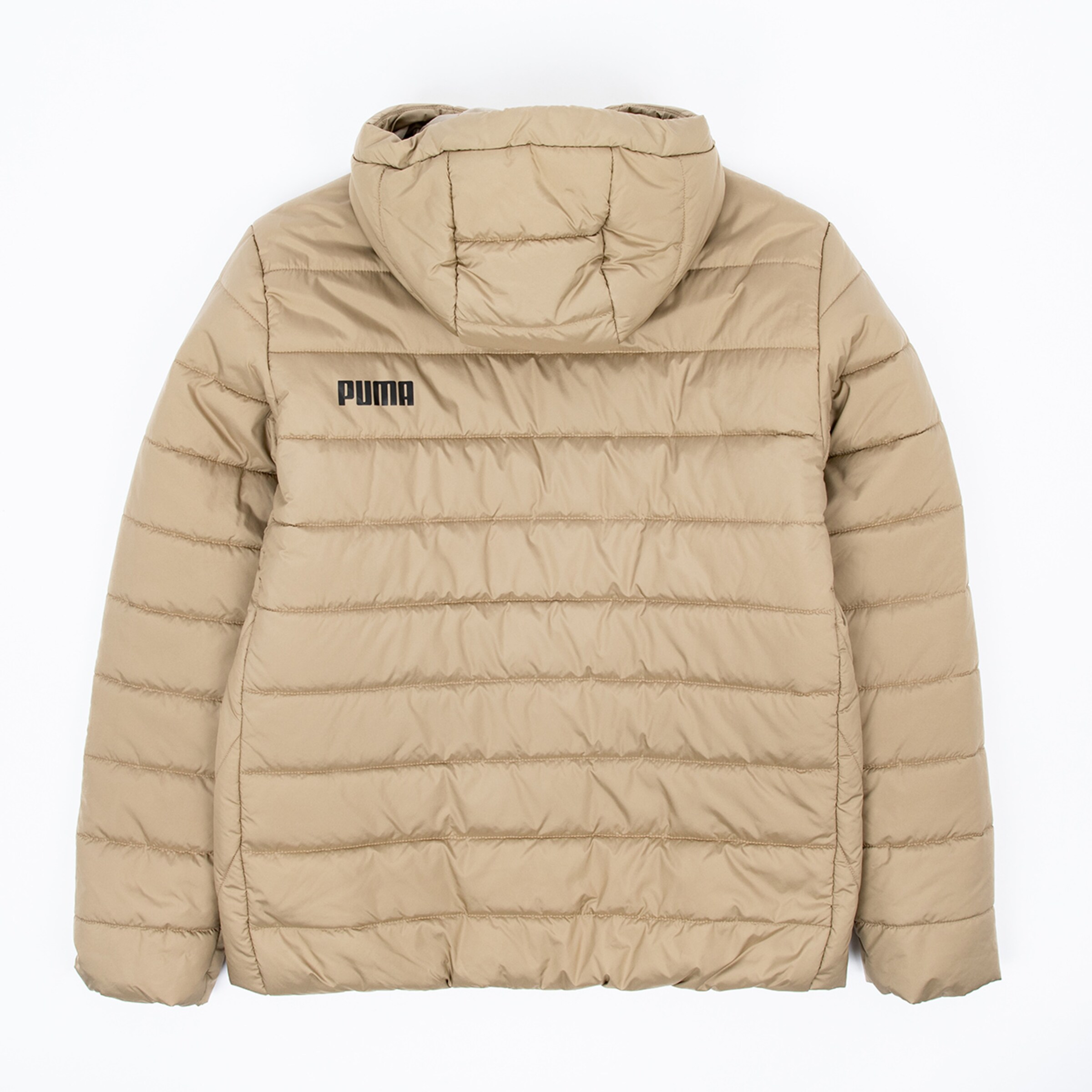 Beige gesteppte Winterjacke von Puma mit Kapuze Rückansicht.