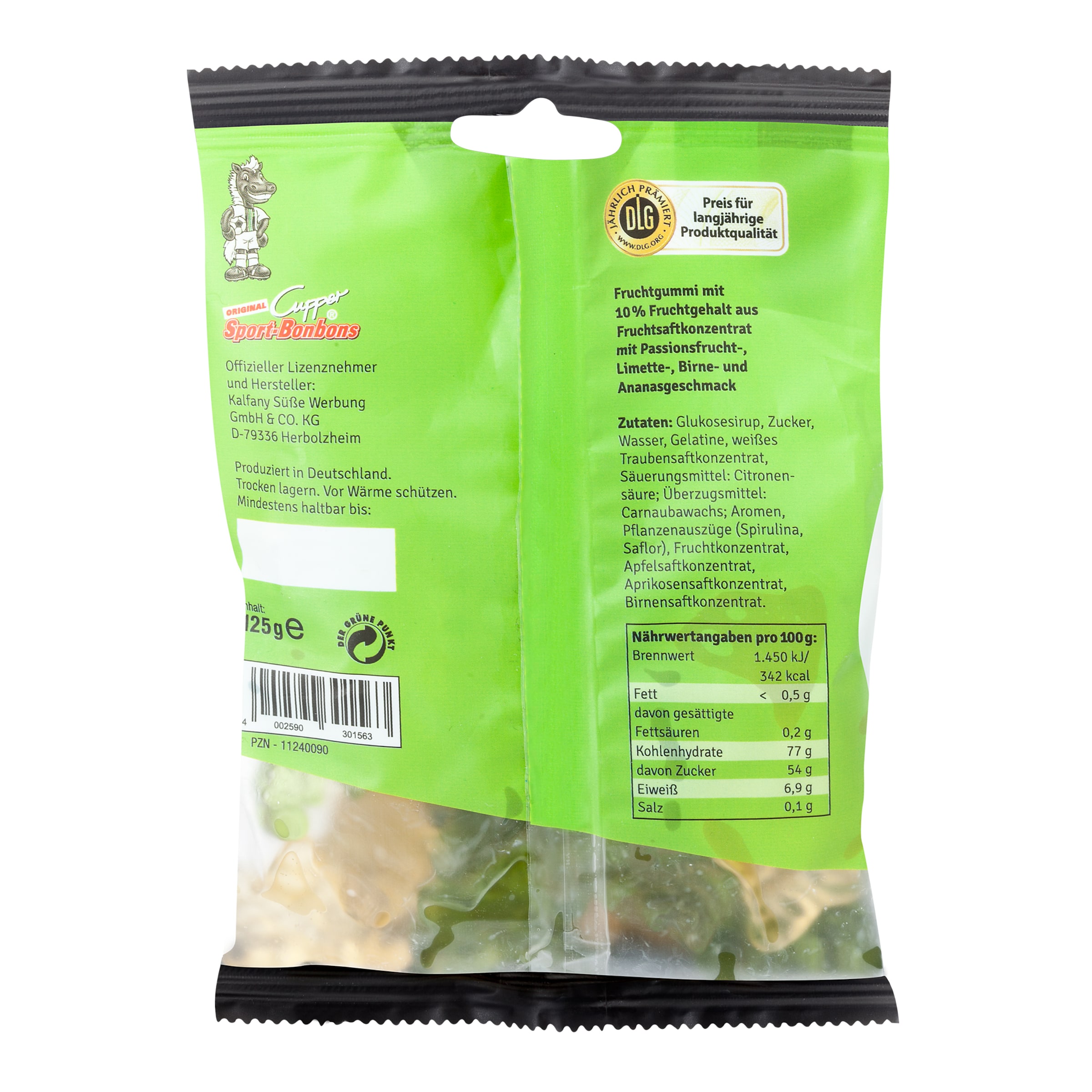 Rückseite einer 125g-Packung Cuppers Sport-Bonbons Fruchtgummi mit Nährwerten, Zutaten und DLG-Logo auf grünem Grund.