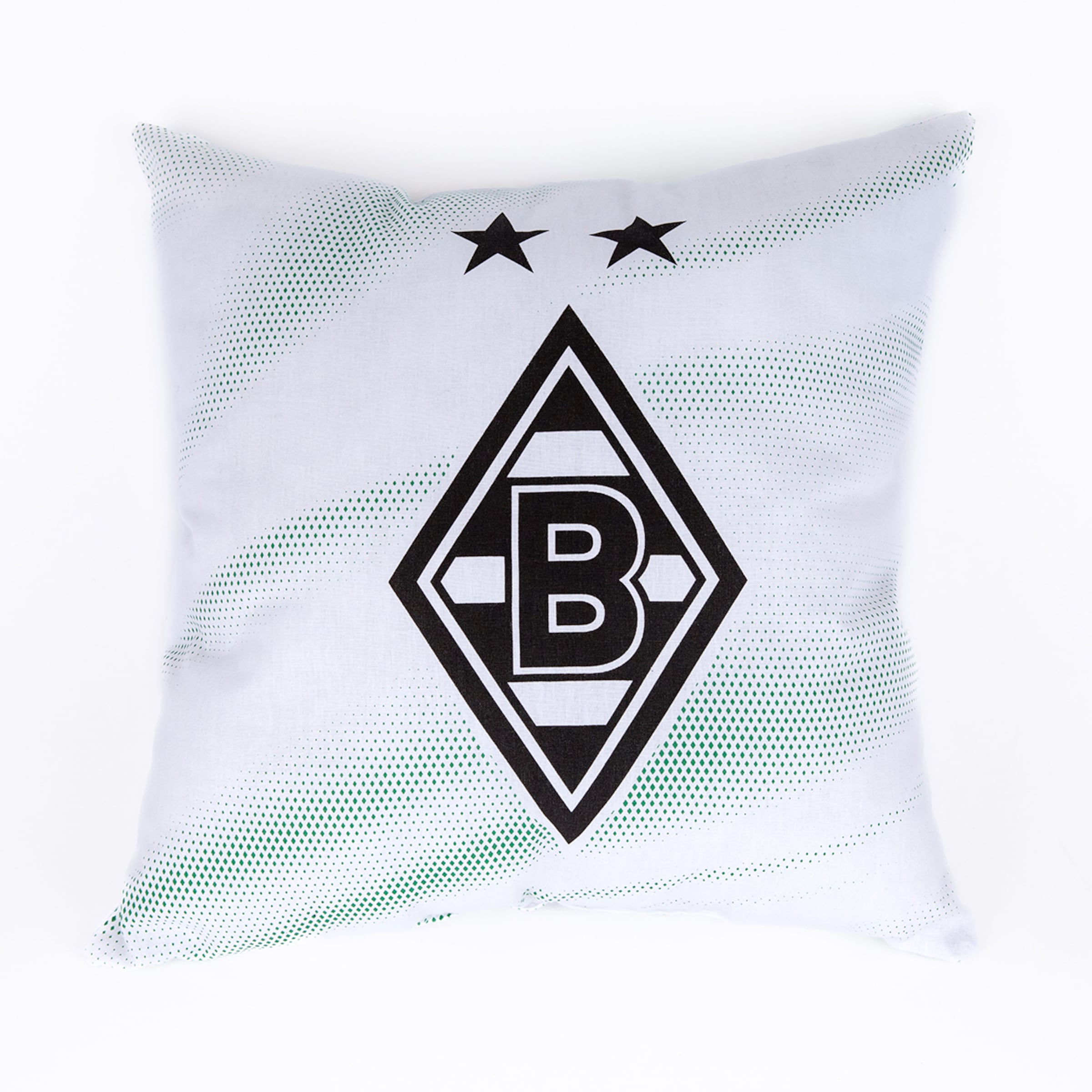 Weißes Zierkissen mit dem Borussia Mönchengladbach Logo, zwei schwarzen Sternen und grünem Punktmuster.