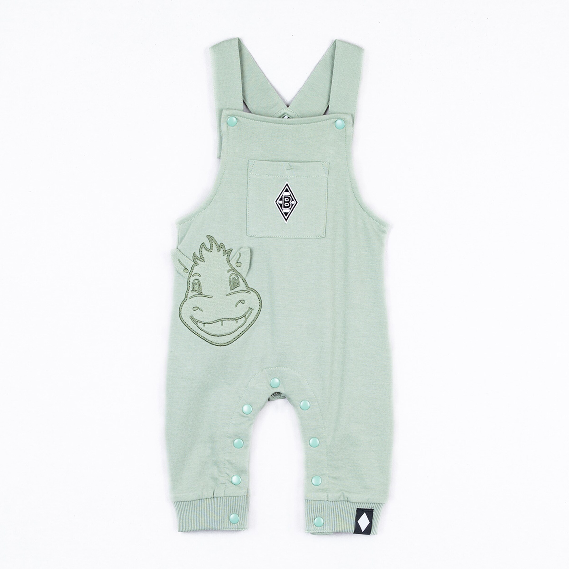 Hellgrüne Latzhose mit Jünter-Motiv und Knöpfen.