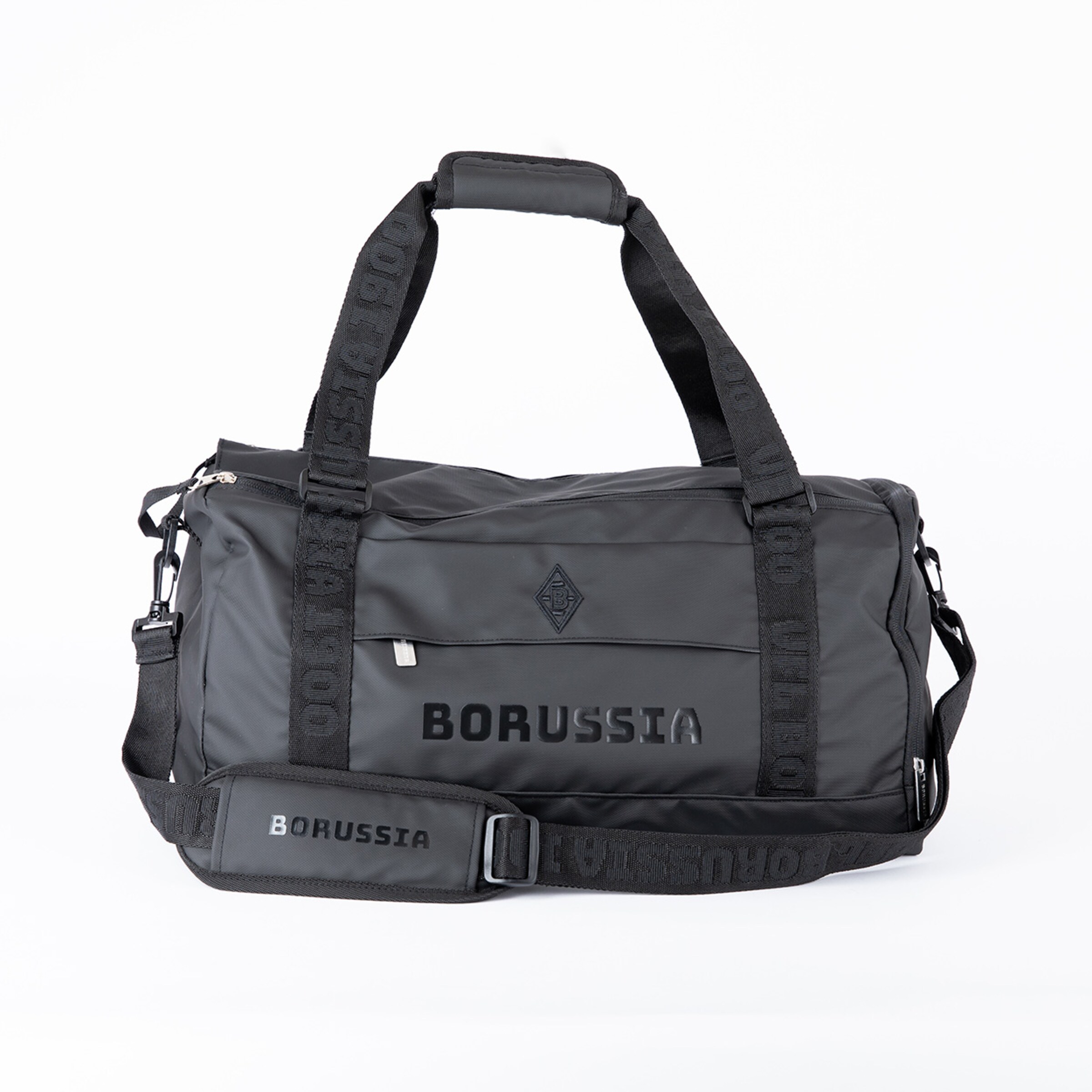 Schwarze Sporttasche mit BORUSSIA-Schriftzug auf der Vorderseite.