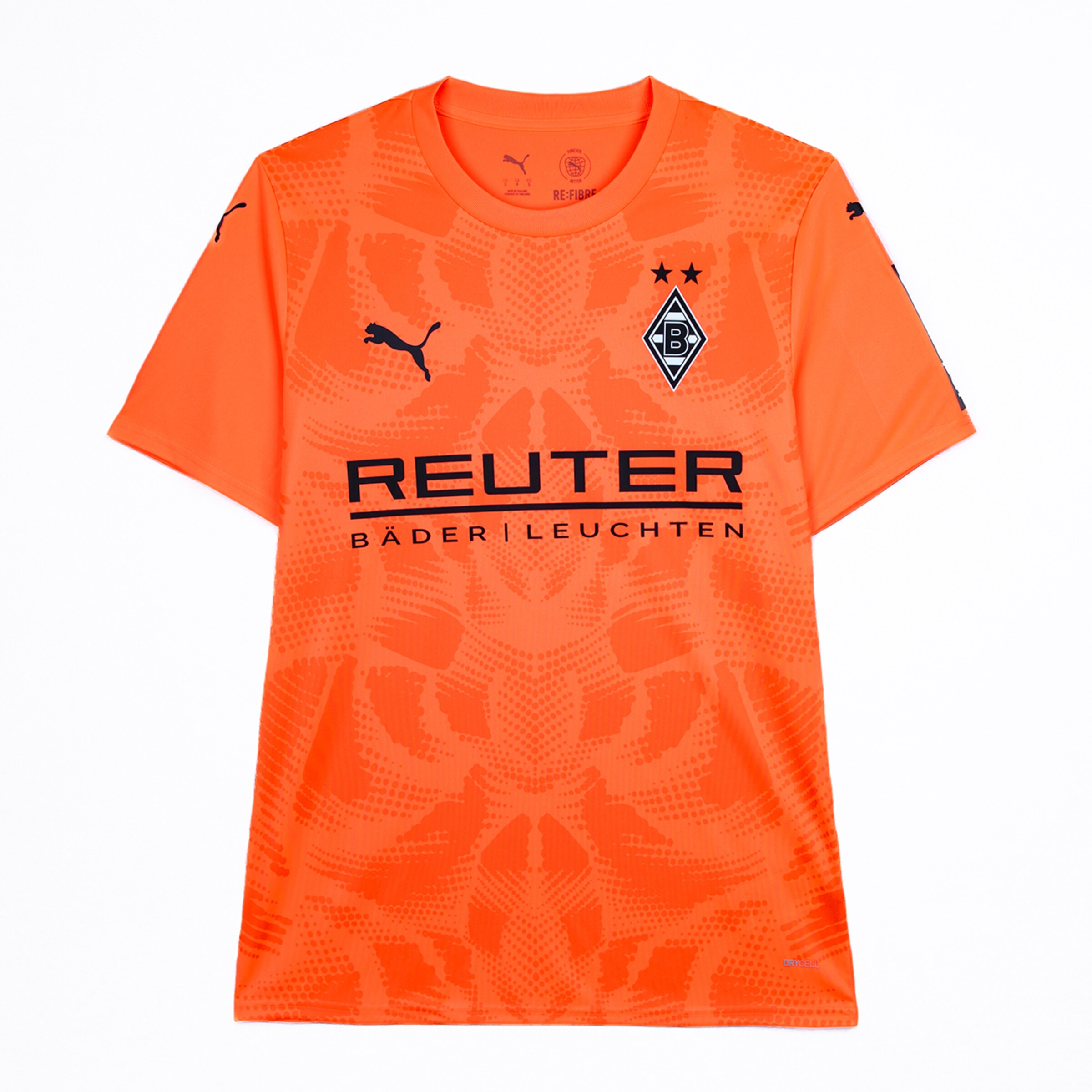 Orange Puma Borussia Mönchengladbach goalkeeper jersey with club crest, REUTER sponsor logo and graphic pattern.