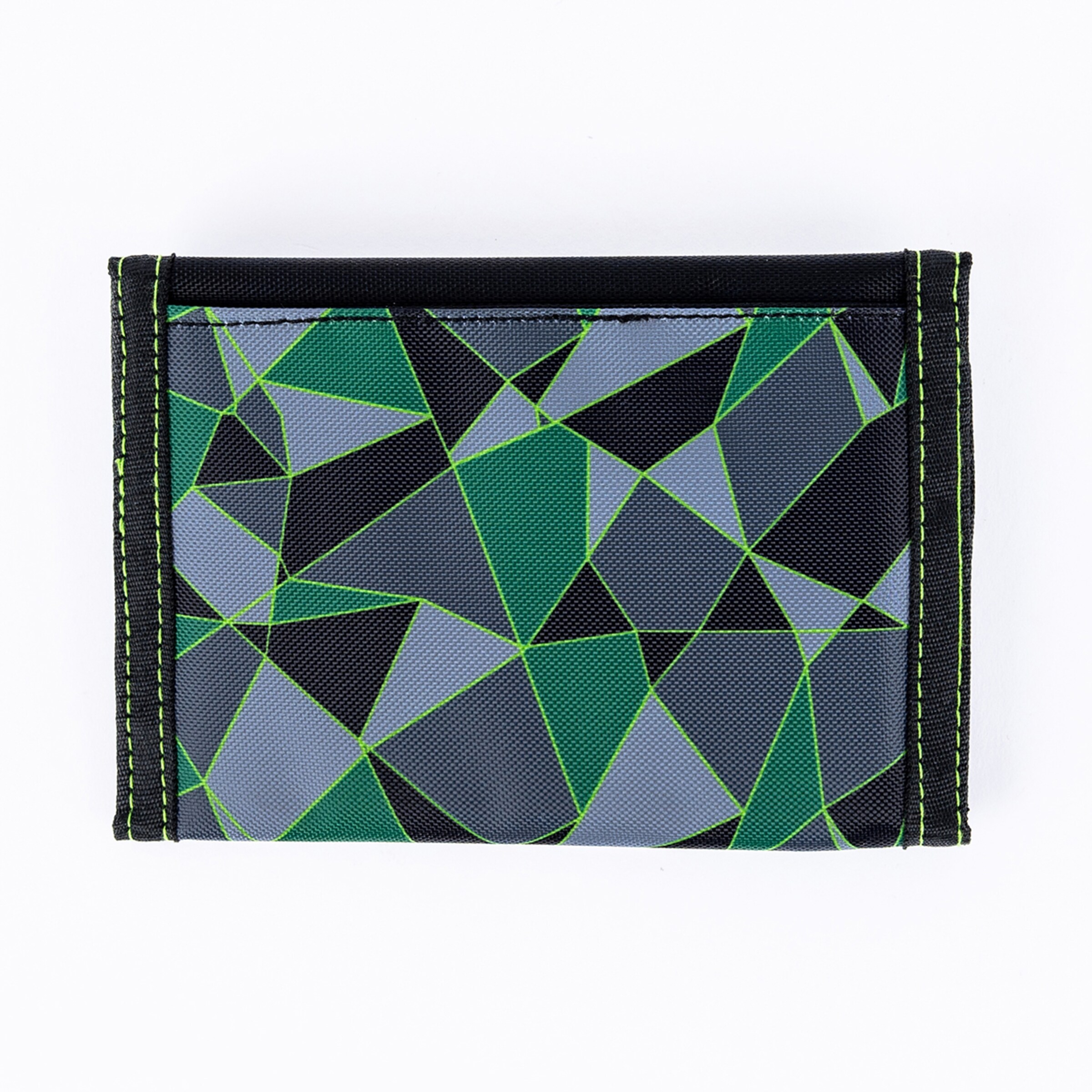 A closed wallet with a geometric pattern in shades of green, grey, and black, outlined with neon green lines. The wallet has black edges with neon green stitching and is placed on a white background.