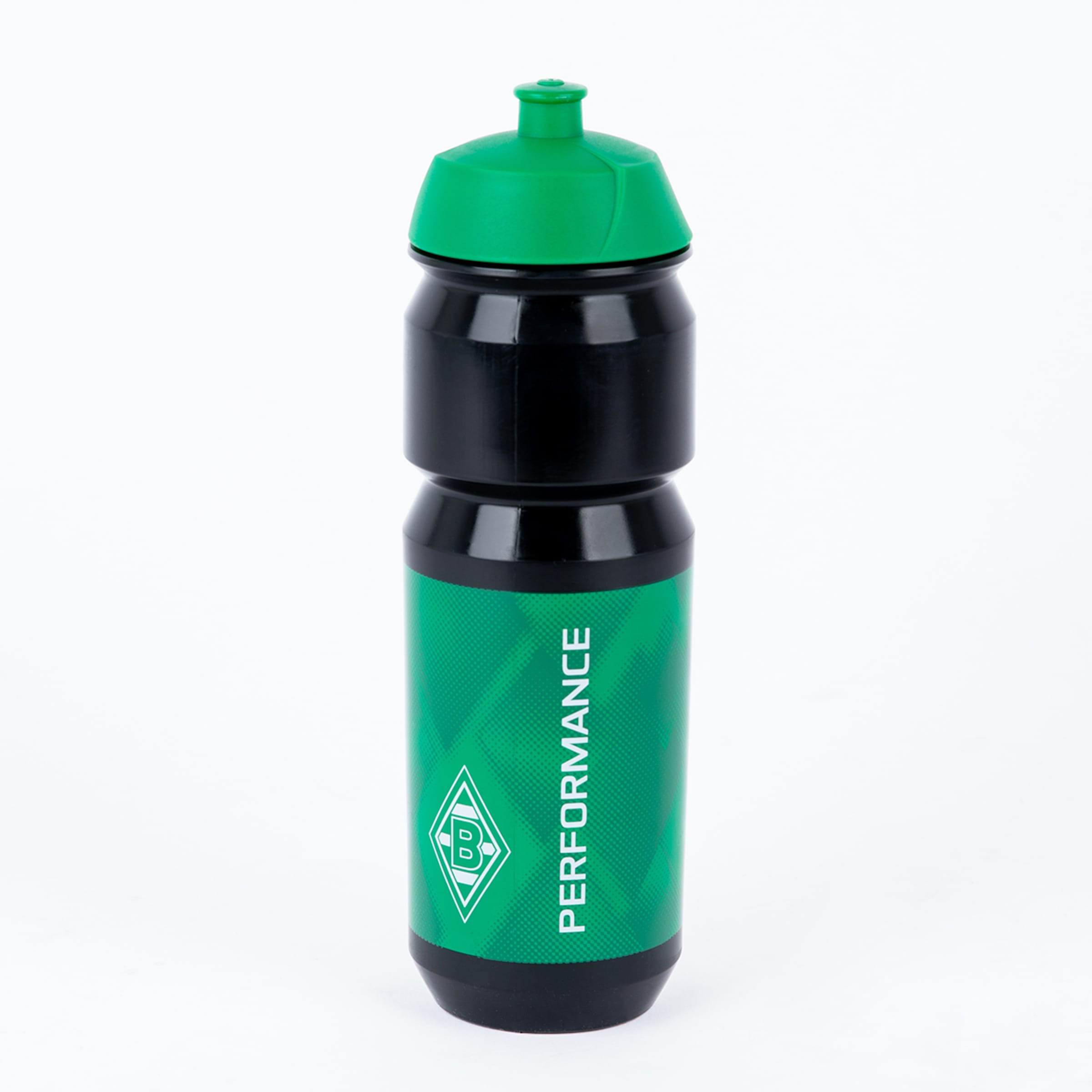 Schwarze Trinkflasche mit grünem Deckel und grünem Etikett, das das Logo von Borussia Mönchengladbach und den Schriftzug „PERFORMANCE“ zeigt, auf weißem Hintergrund.