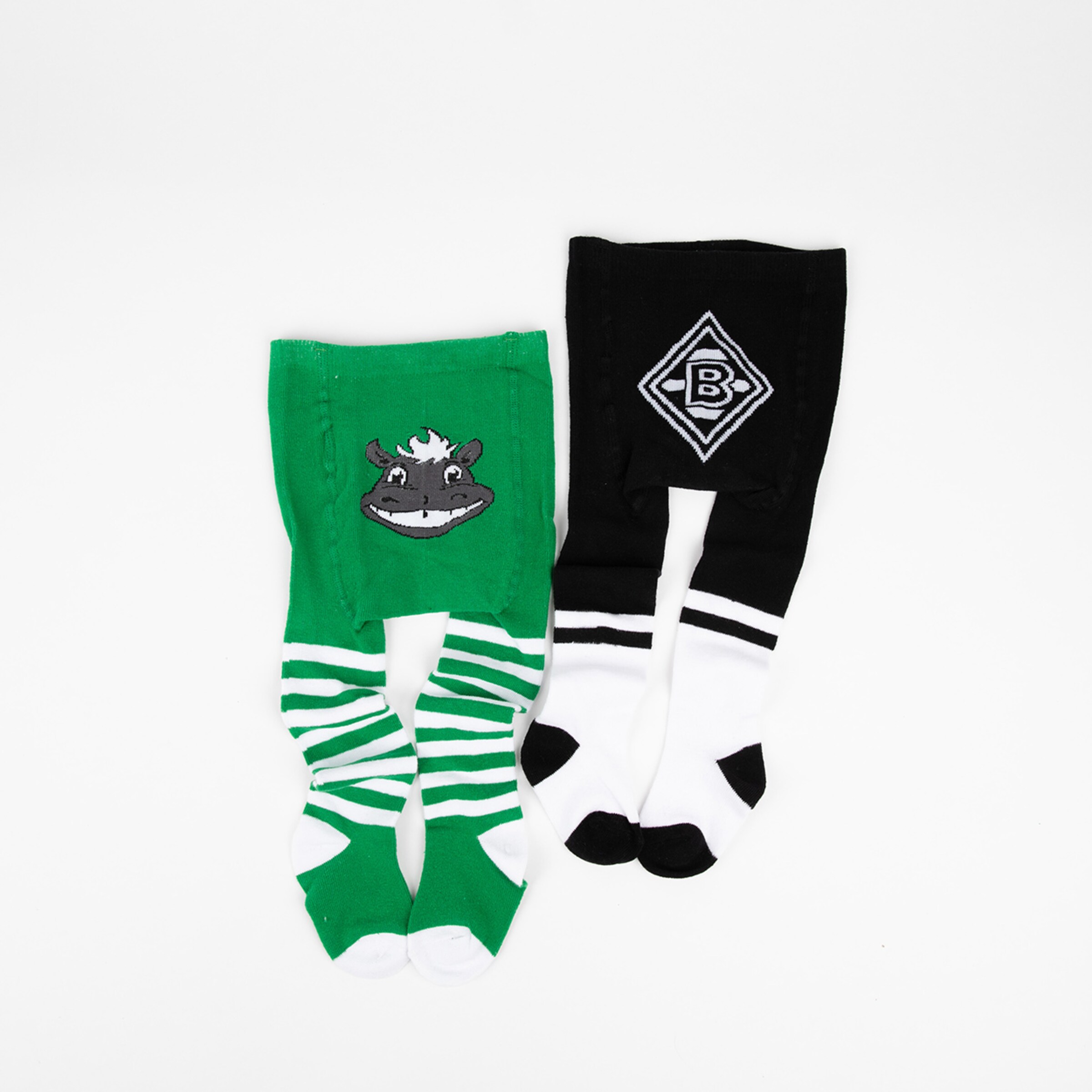 Green and black socks featuring a Jünter design and a Borussia Mönchengladbach logo.