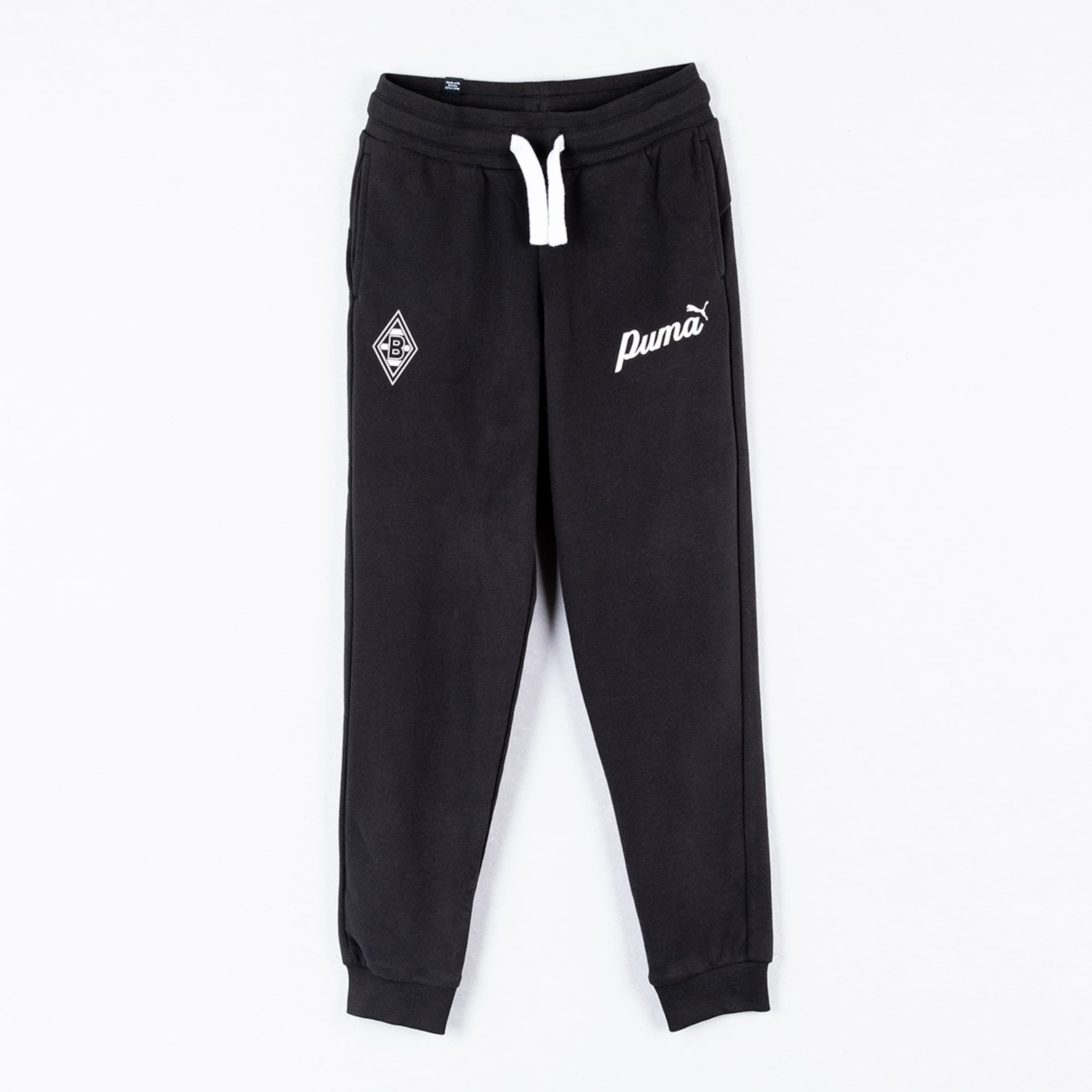 Black Puma sweatpants with the Borussia Mönchengladbach crest, white Puma script logo and drawstrings.