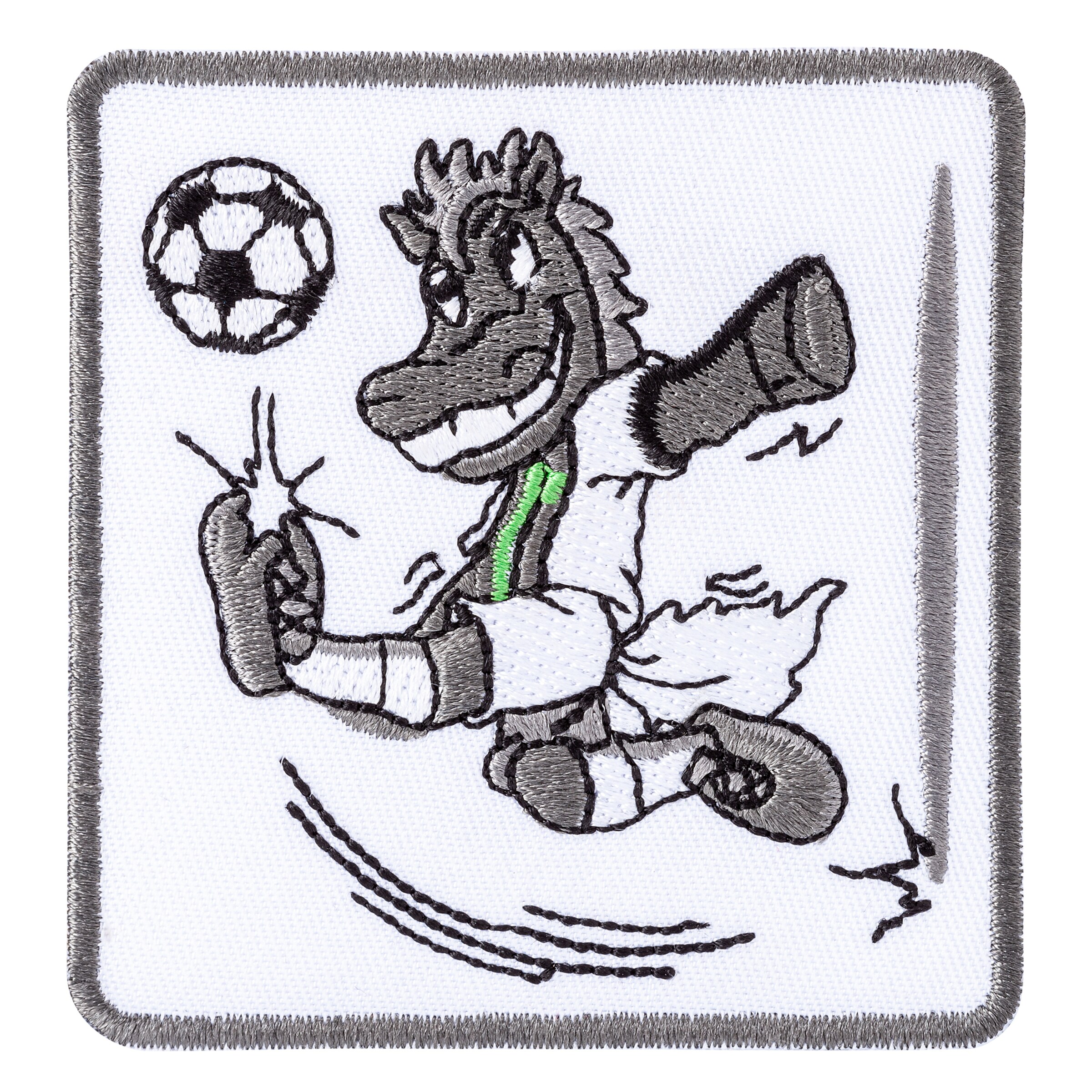 Jünter Borussia Mönchengladbachs mascot is kicking a soccer ball.