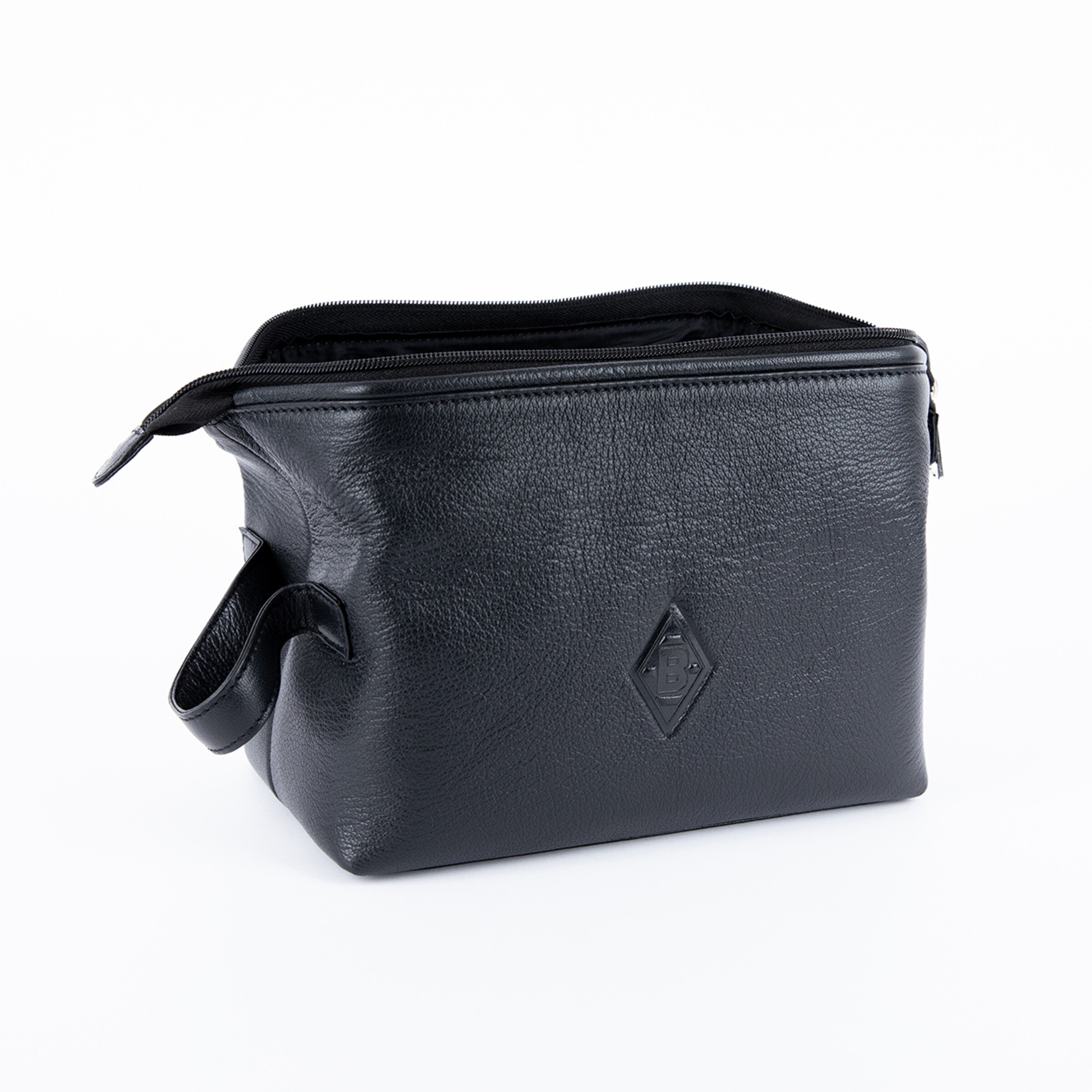 Schwarze Kosmetiktasche aus Leder mit Griff und Logo-Schild.