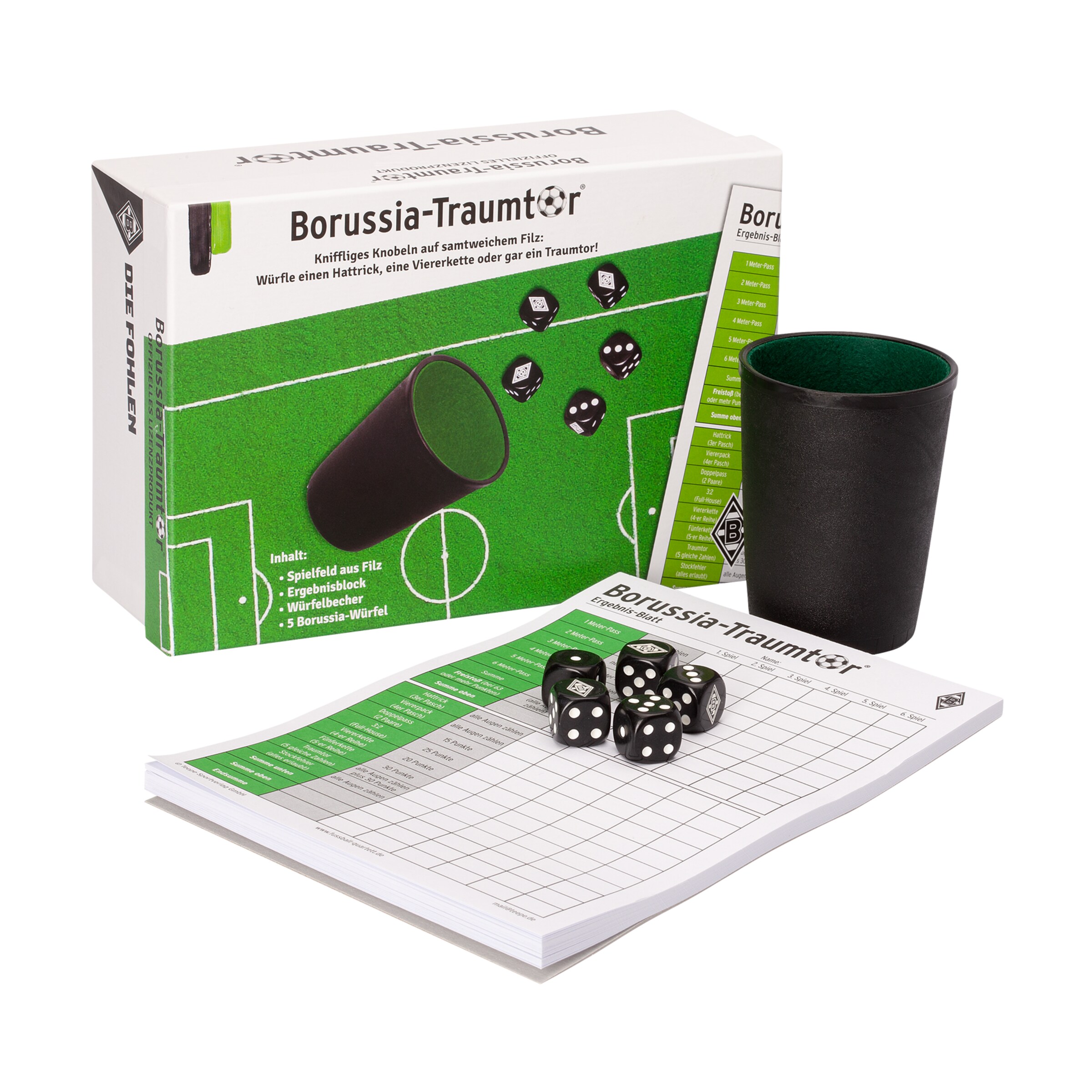 A Borussia Mönchengladbach dice game with a visible cup dice instructions and score sheet.