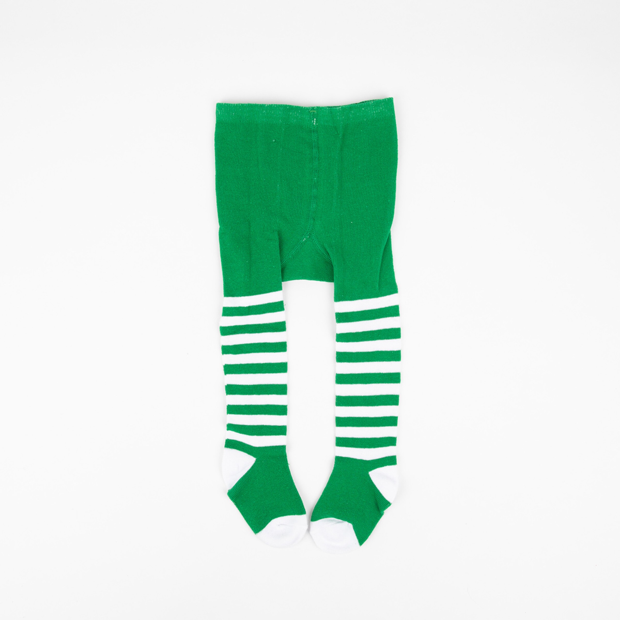 Green tights with white stripes.