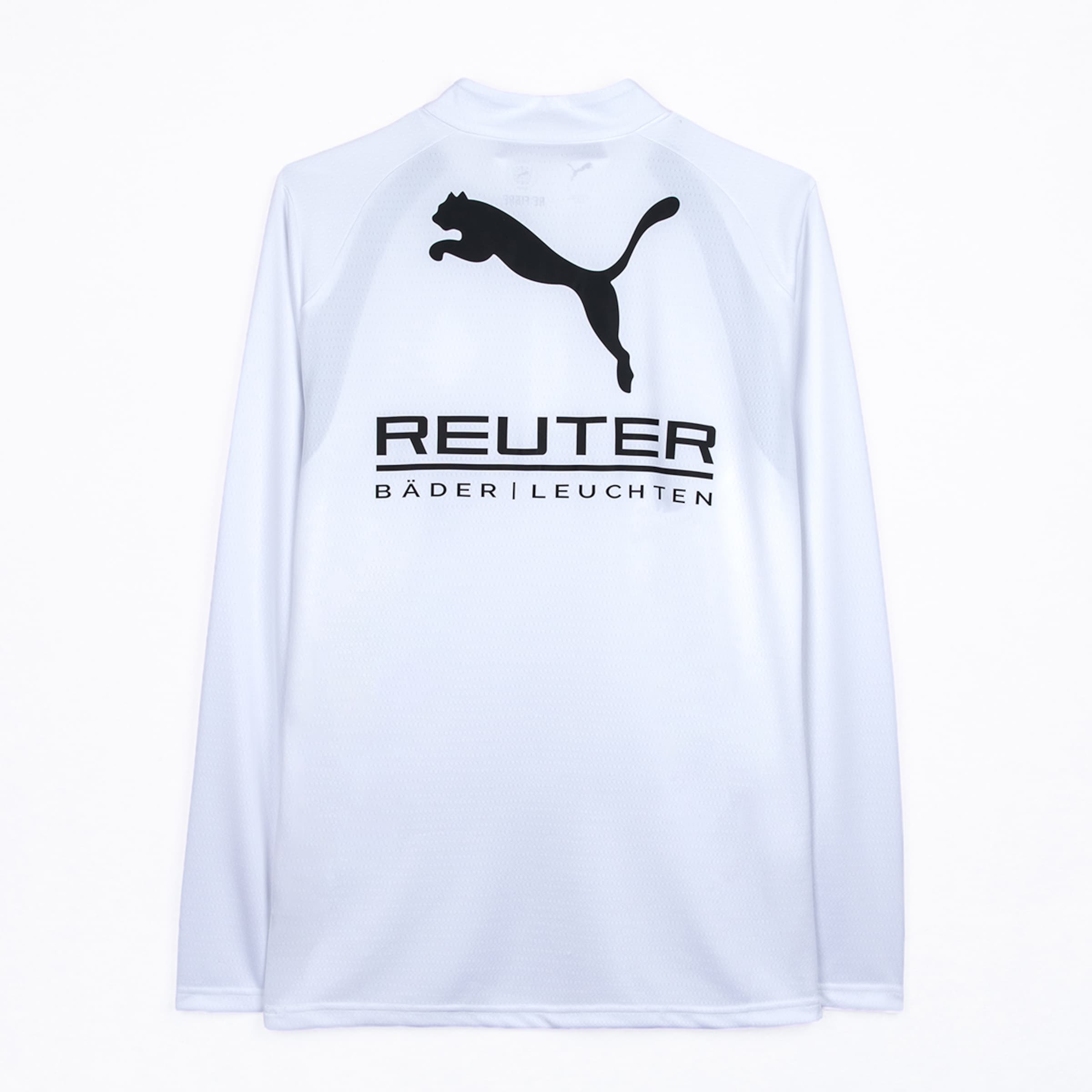 Back of a white long-sleeved sports shirt with a black Puma logo and the text 'REUTER' above 'BÄDER | LEUCHTEN' on the back.