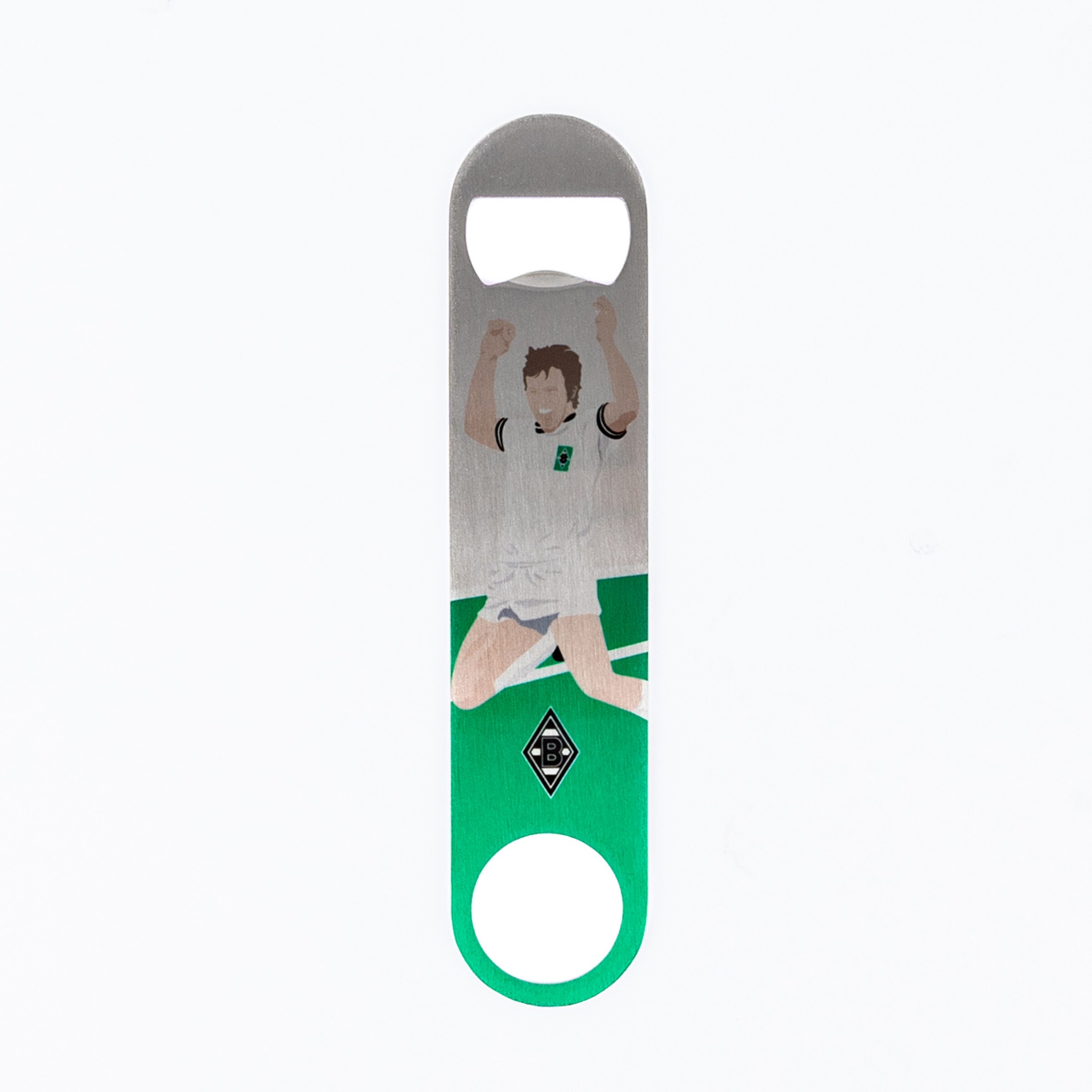 Bottle opener featuring an illustration of a football player celebrating and the Borussia Mönchengladbach logo.