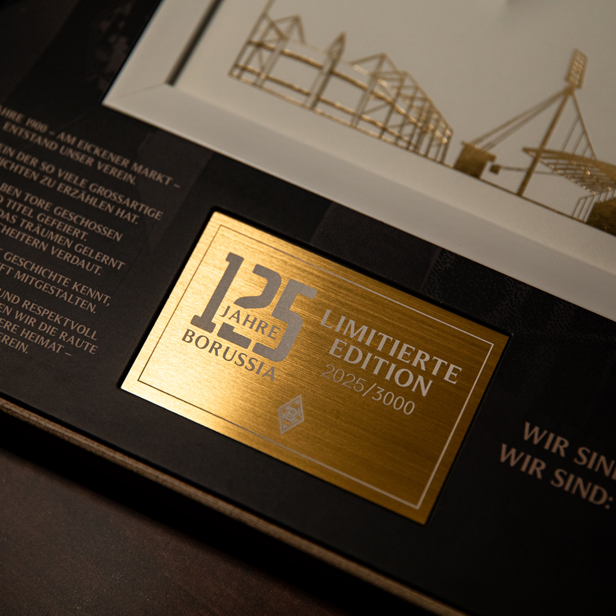 Goldene Plakette zum 125. Jubiläum von Borussia Mönchengladbach, limitiert (2025/3000), mit Stadionumriss und Vereinslogo.