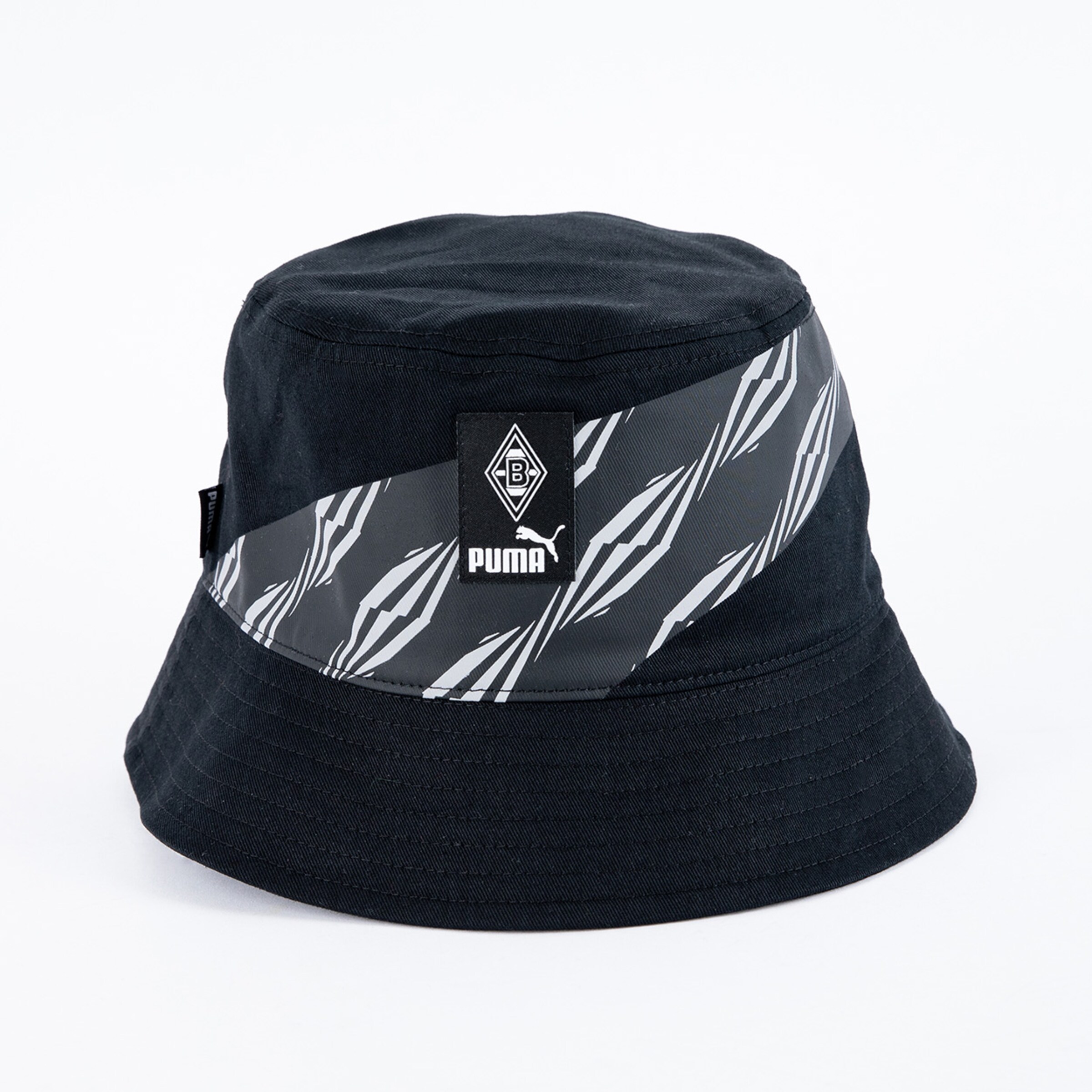 Schwarzer Bucket-Hut mit grauem Streifenmuster und Borussia Mönchengladbach-Logo.