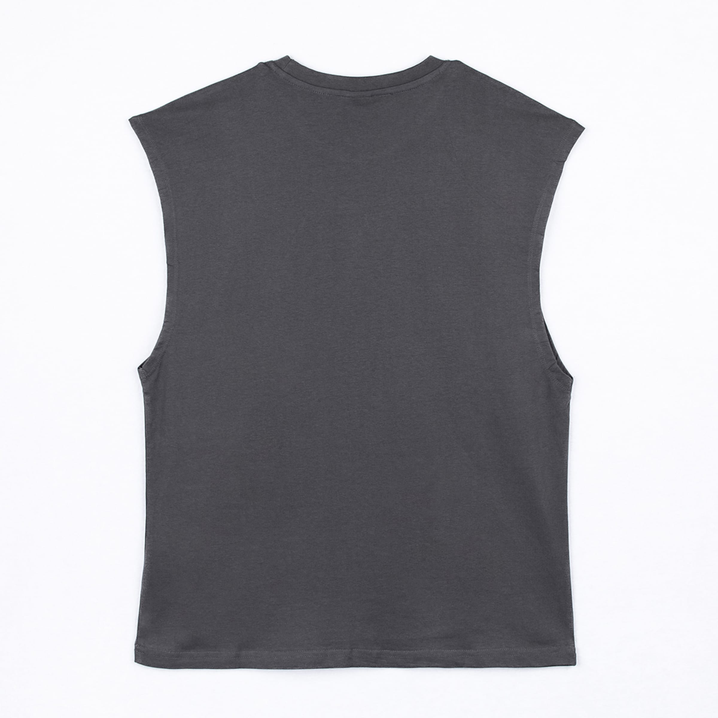 Back view of a plain dark grey sleeveless t-shirt (muscle tee/tank top) with a crew neck, laid flat on a white background.