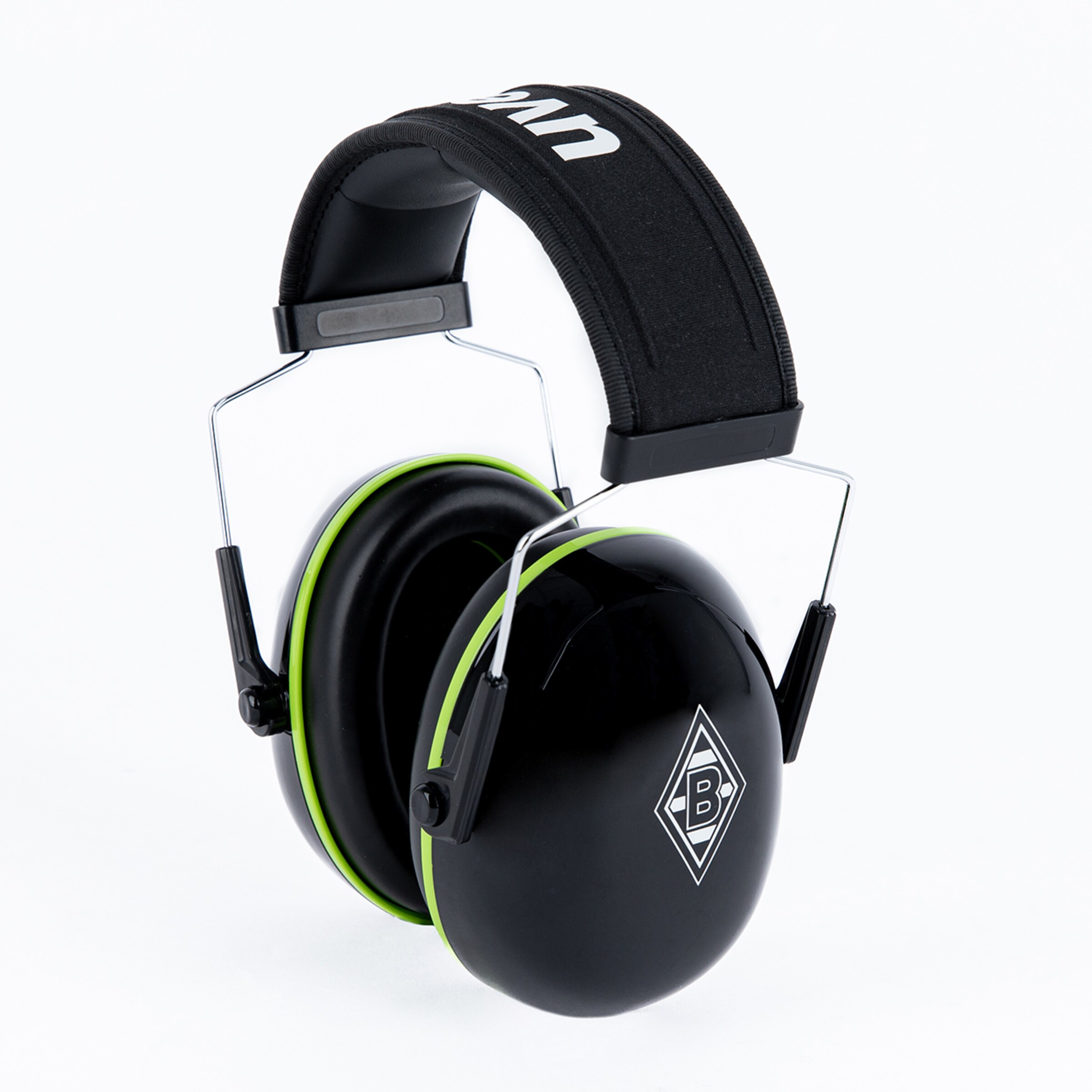 Schwarze Gehörschutzkopfhörer mit grünem Akzent und Borussia Mönchengladbach-Logo.