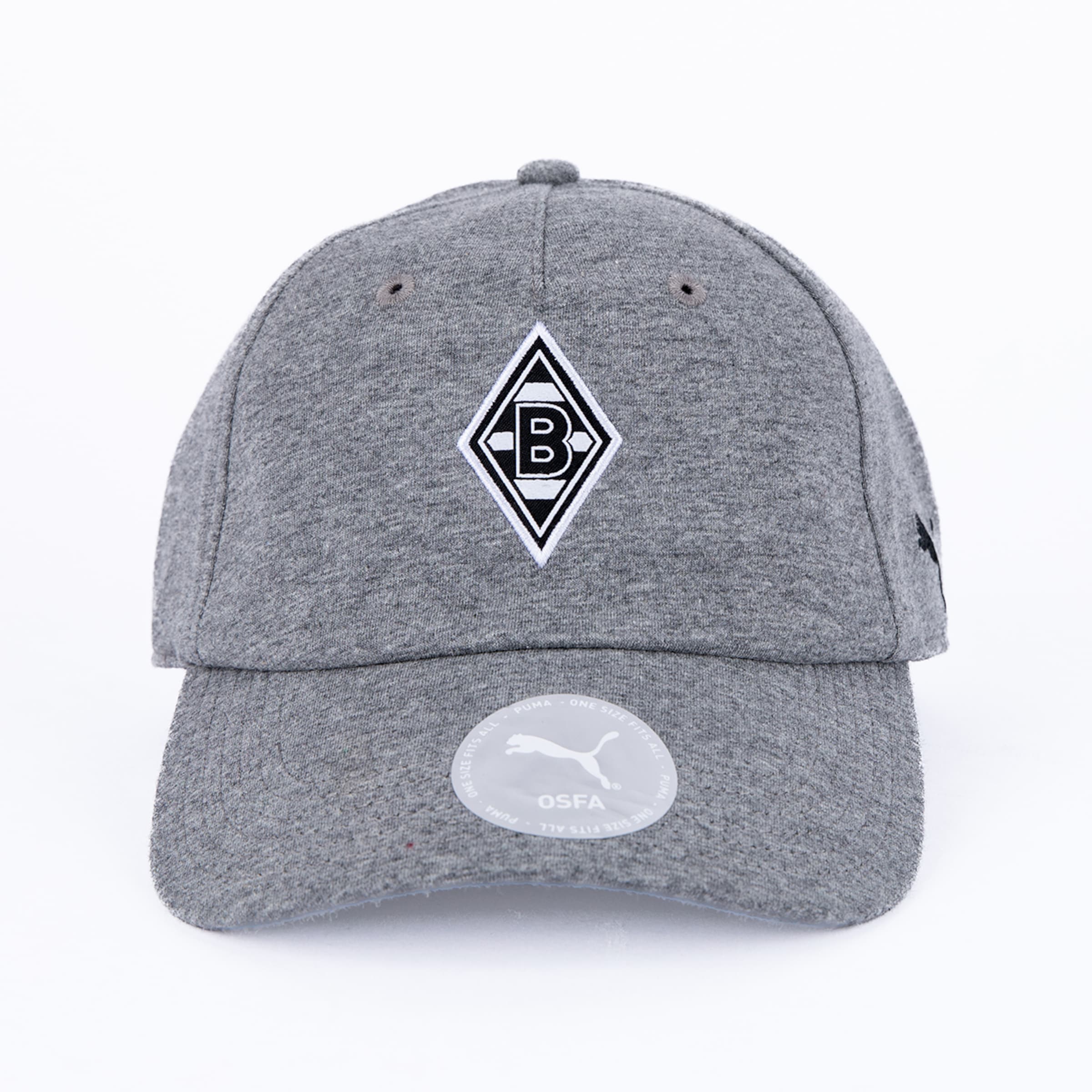 Eine graue Melange-Baseballkappe mit dem rautenförmigen Borussia Mönchengladbach Logo auf der Vorderseite. Ein weißer Puma OSFA Aufkleber befindet sich auf dem Schirm.