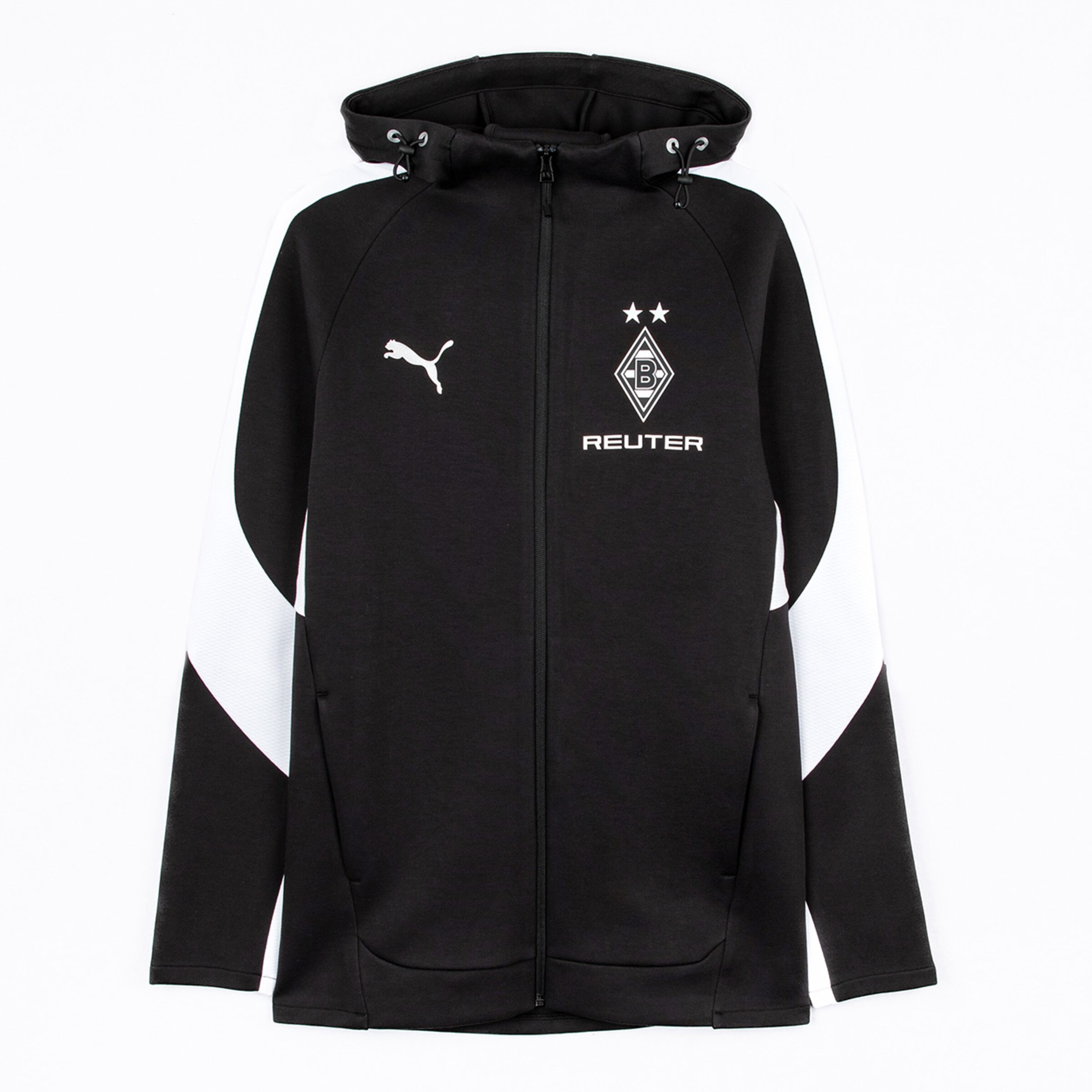 Schwarze Jacke mit weißem Logo von Borussia Mönchengladbach und Puma-Logo.