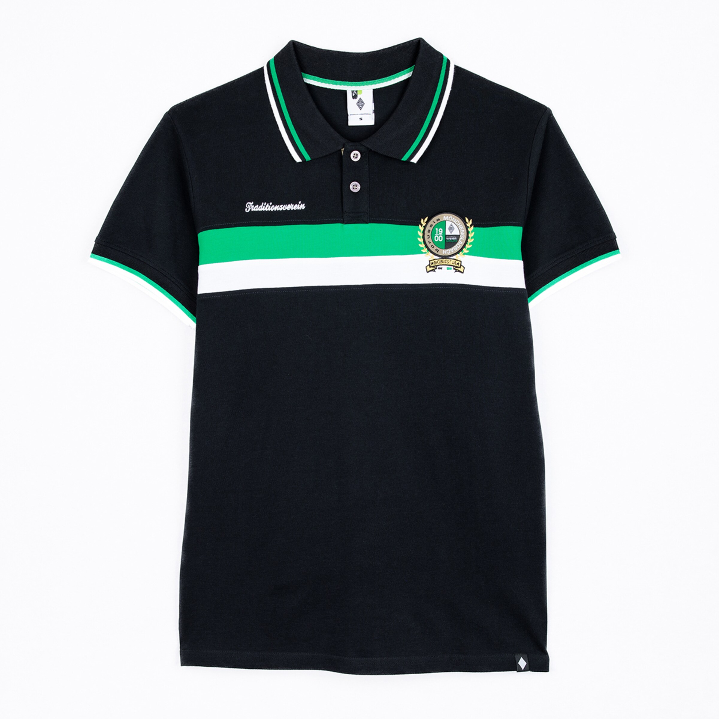 Black polo shirt with green stripes and crest.