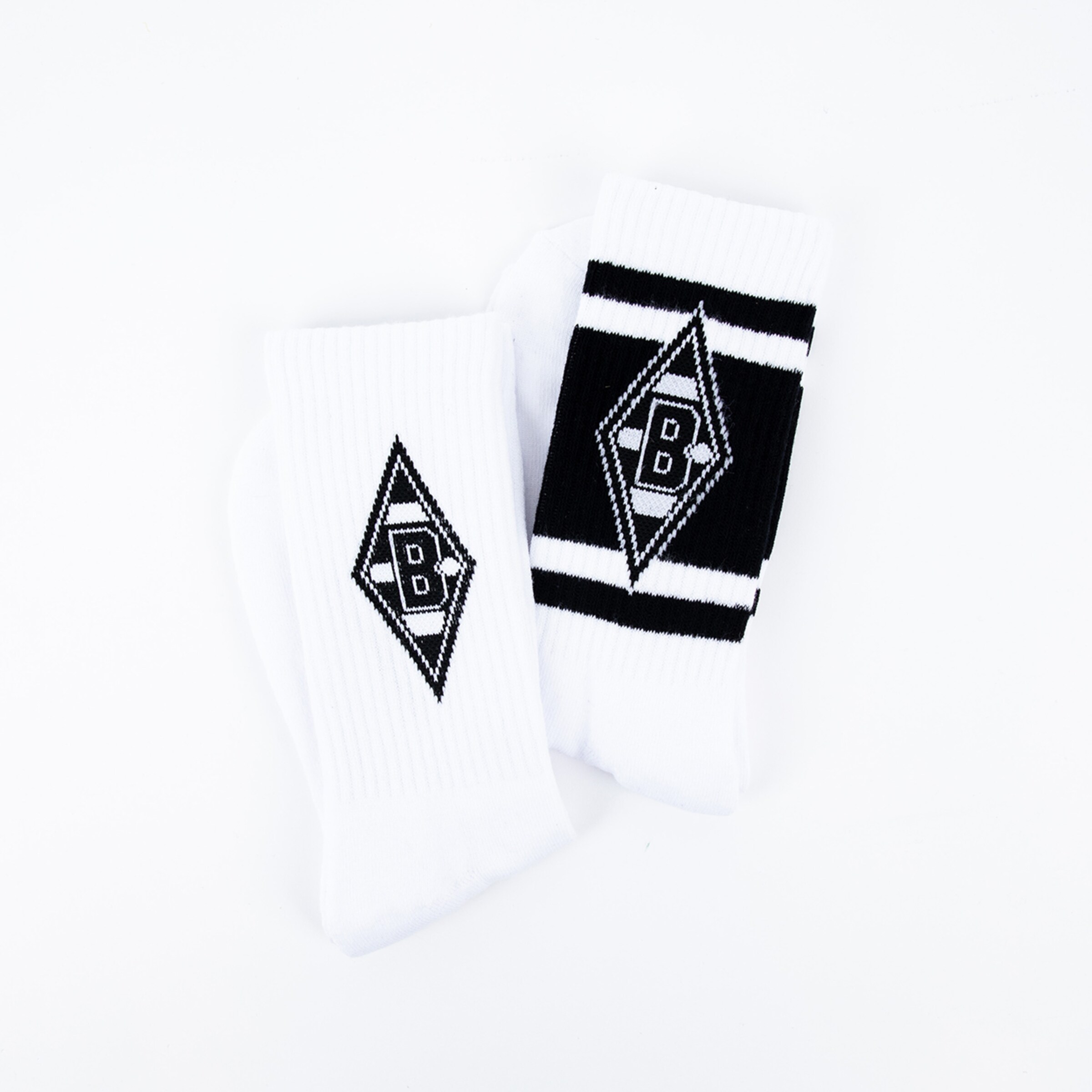 White socks featuring black Borussia Mönchengladbach logo embroidery and a black stripe.
