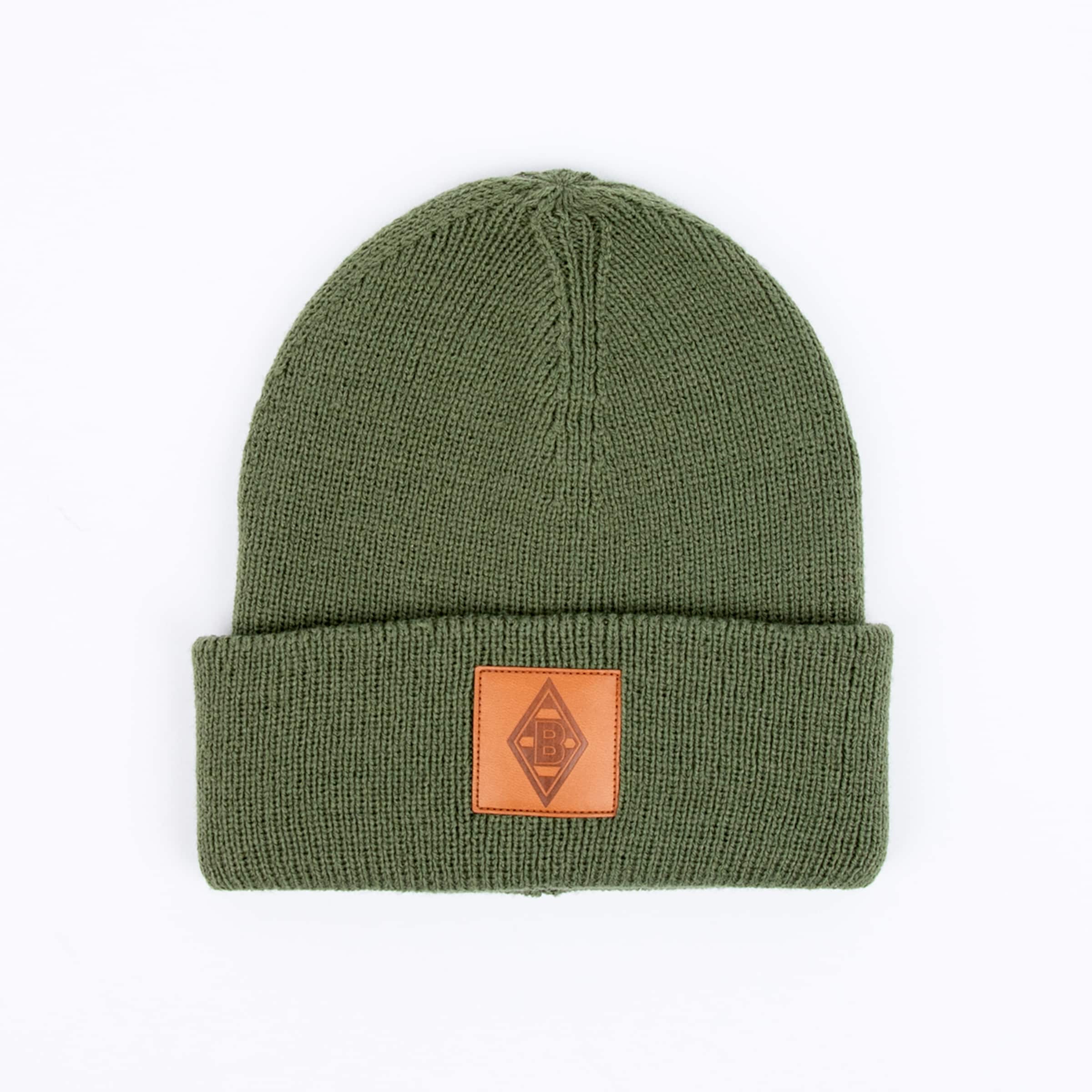 Olivegrüner Strickmütze mit einem braunen Lederpatch mit Borussia Mönchengladbach-Logo.