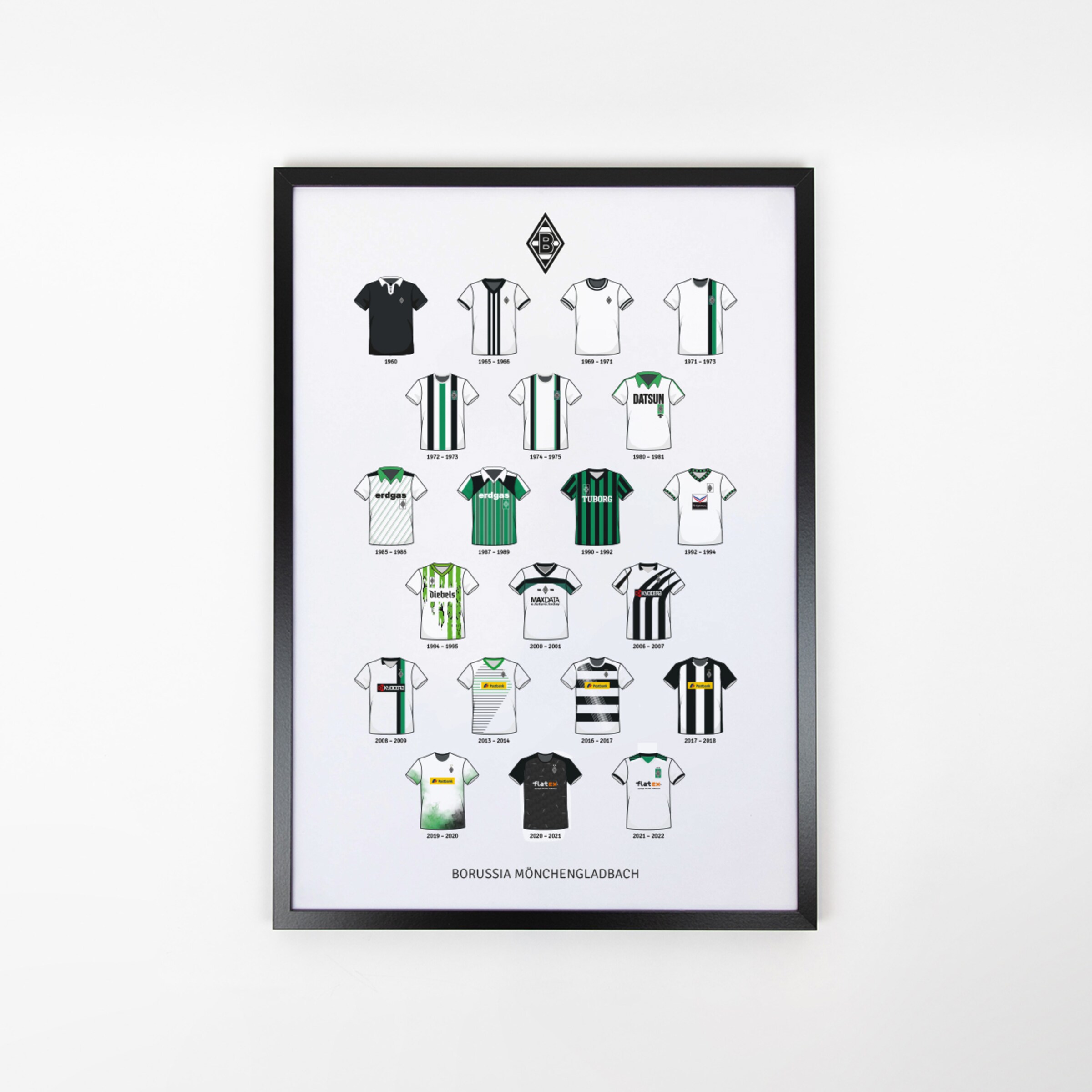 Kunstwerk mit historischen Borussia Mönchengladbach Trikots in verschiedenen Designs.