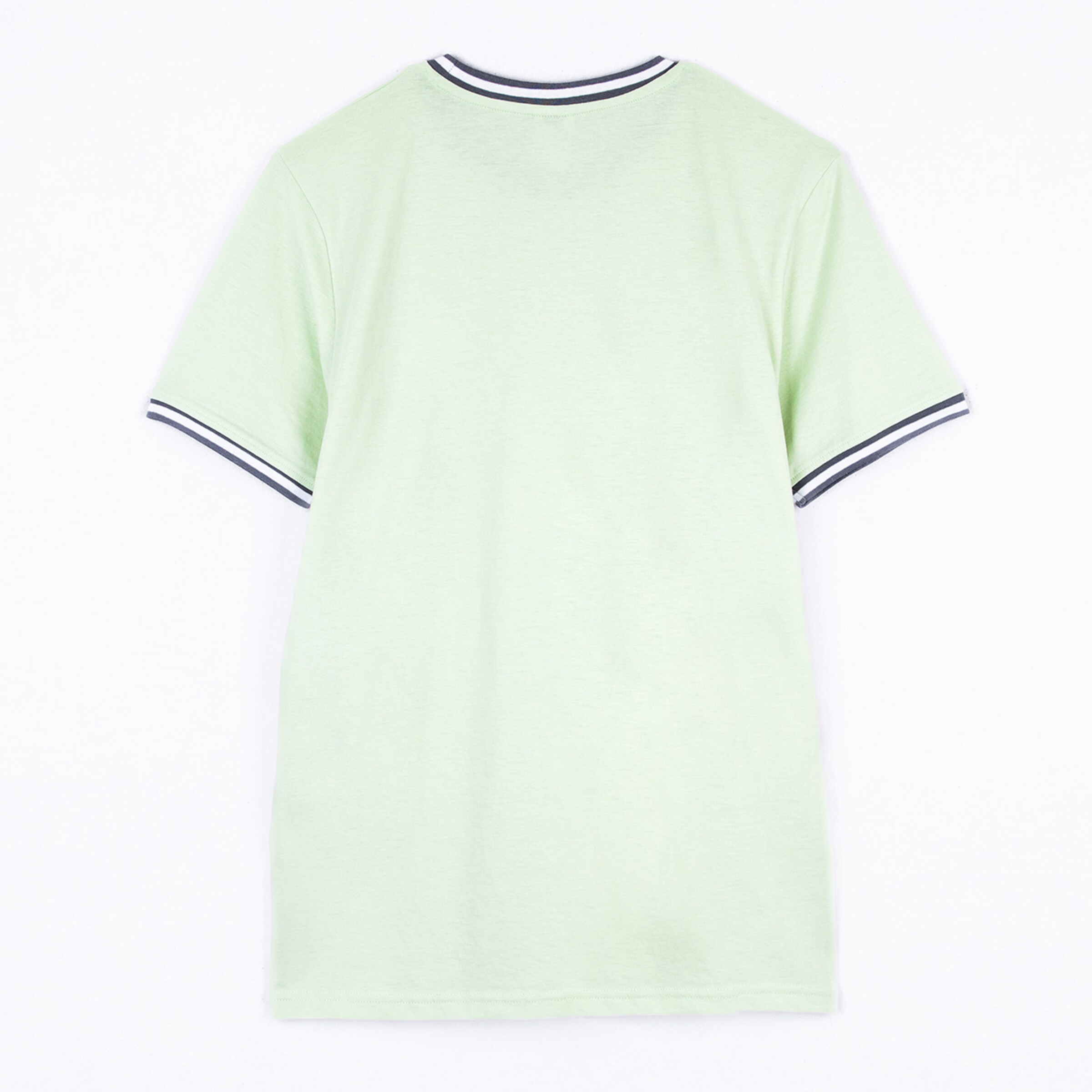 Back view of a green short-sleeve t-shirt with black and white stripes.