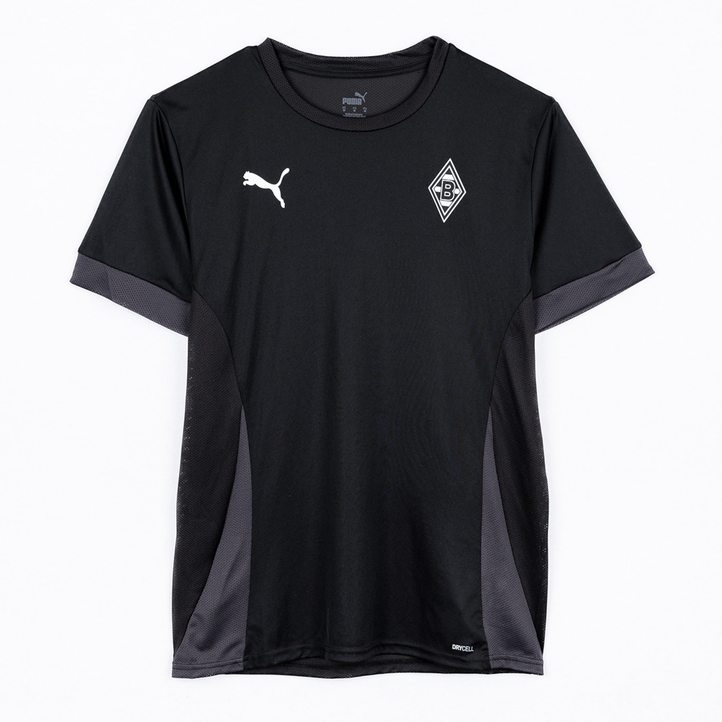 Black Puma Borussia Mönchengladbach training jersey with white logos, club crest, and grey mesh panels on sides and sleeves.