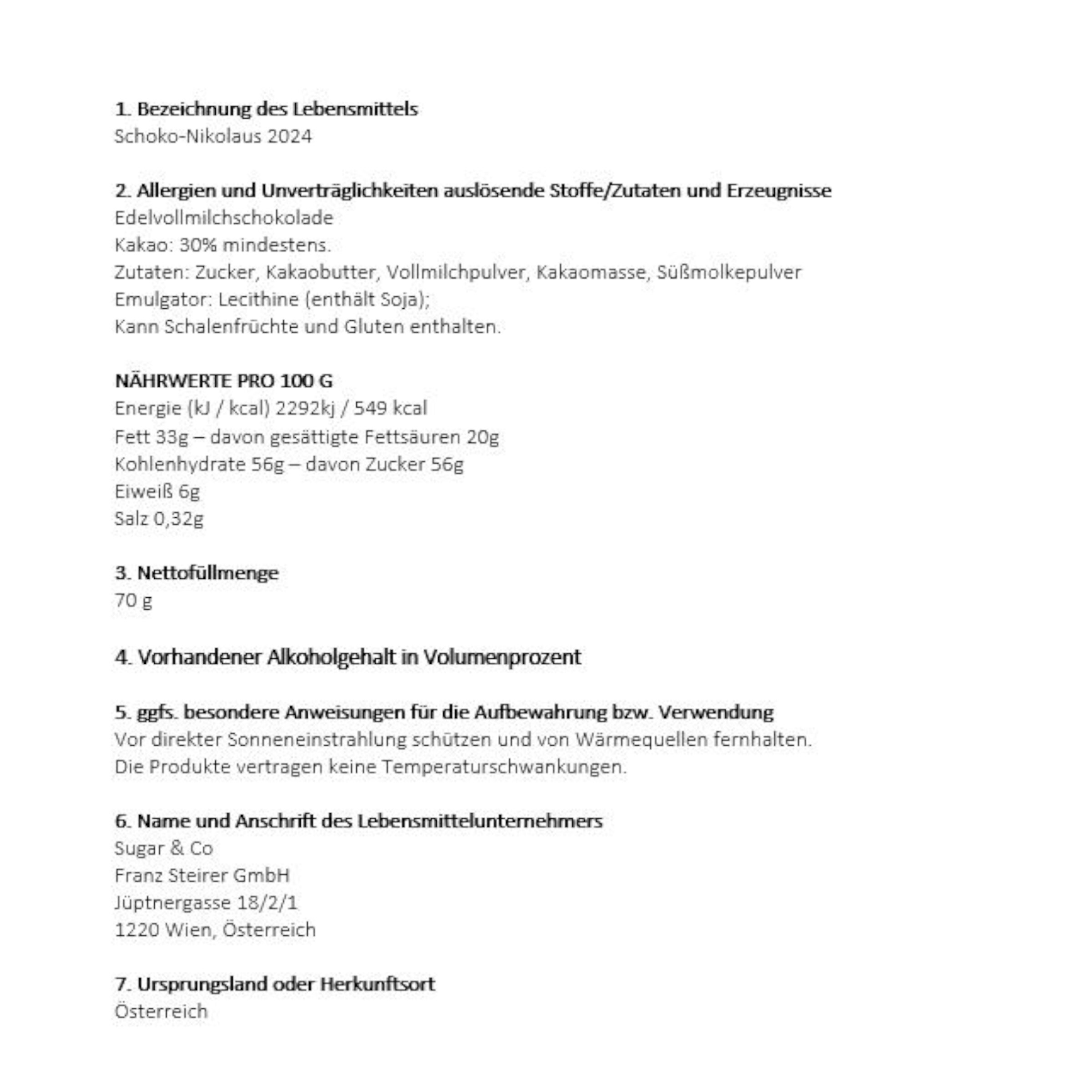 Nährwerttabelle für Schoko-Nikolaus von Edelweiss einschließlich Zutatenliste und Allergene.