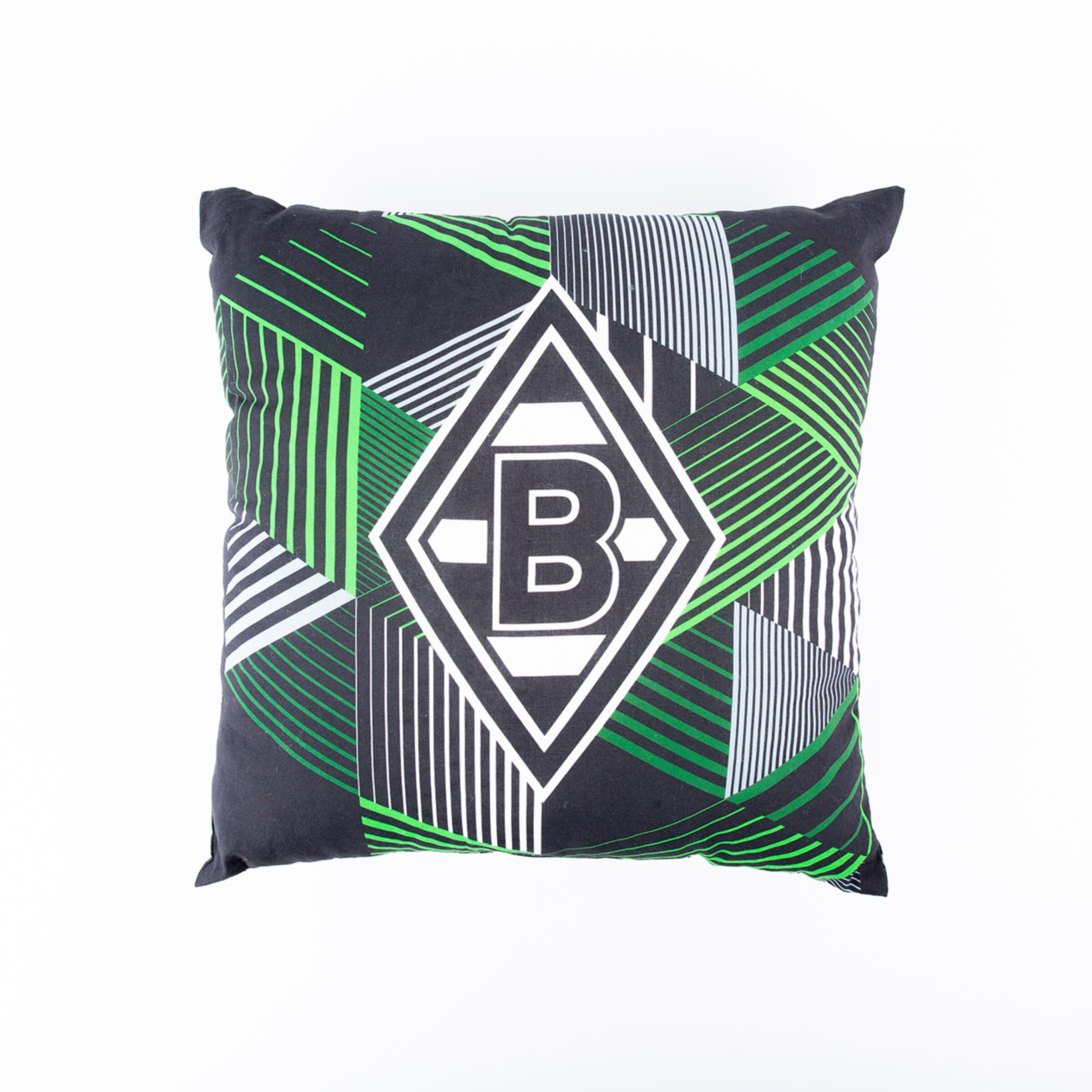 Schwarzes Kissen mit grün-weißem geometrischem Muster und dem Borussia Mönchengladbach-Logo.