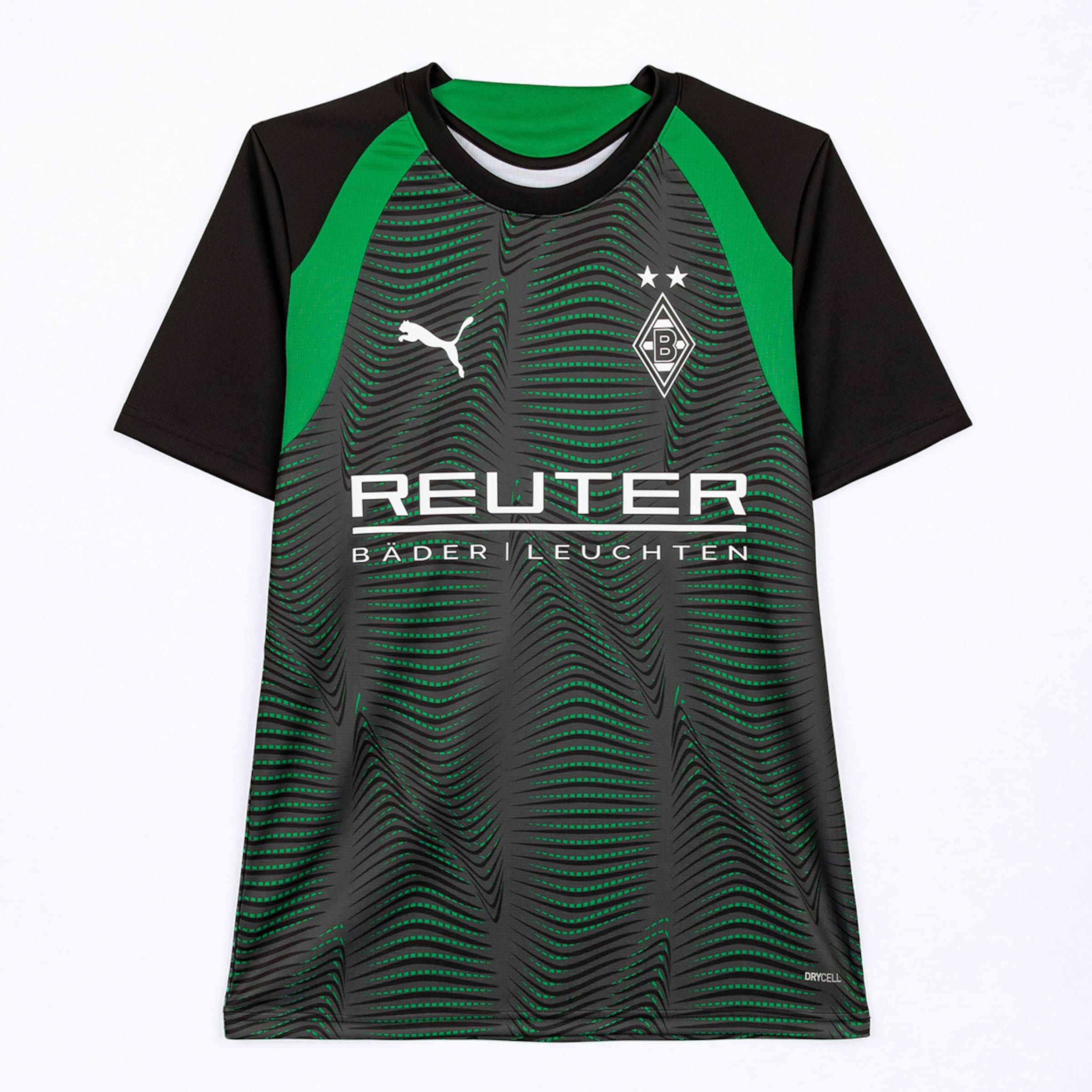 Black and green Borussia Mönchengladbach football jersey by Puma with a wavy pattern on the body. Features Reuter sponsor logo and DRYCELL technology.