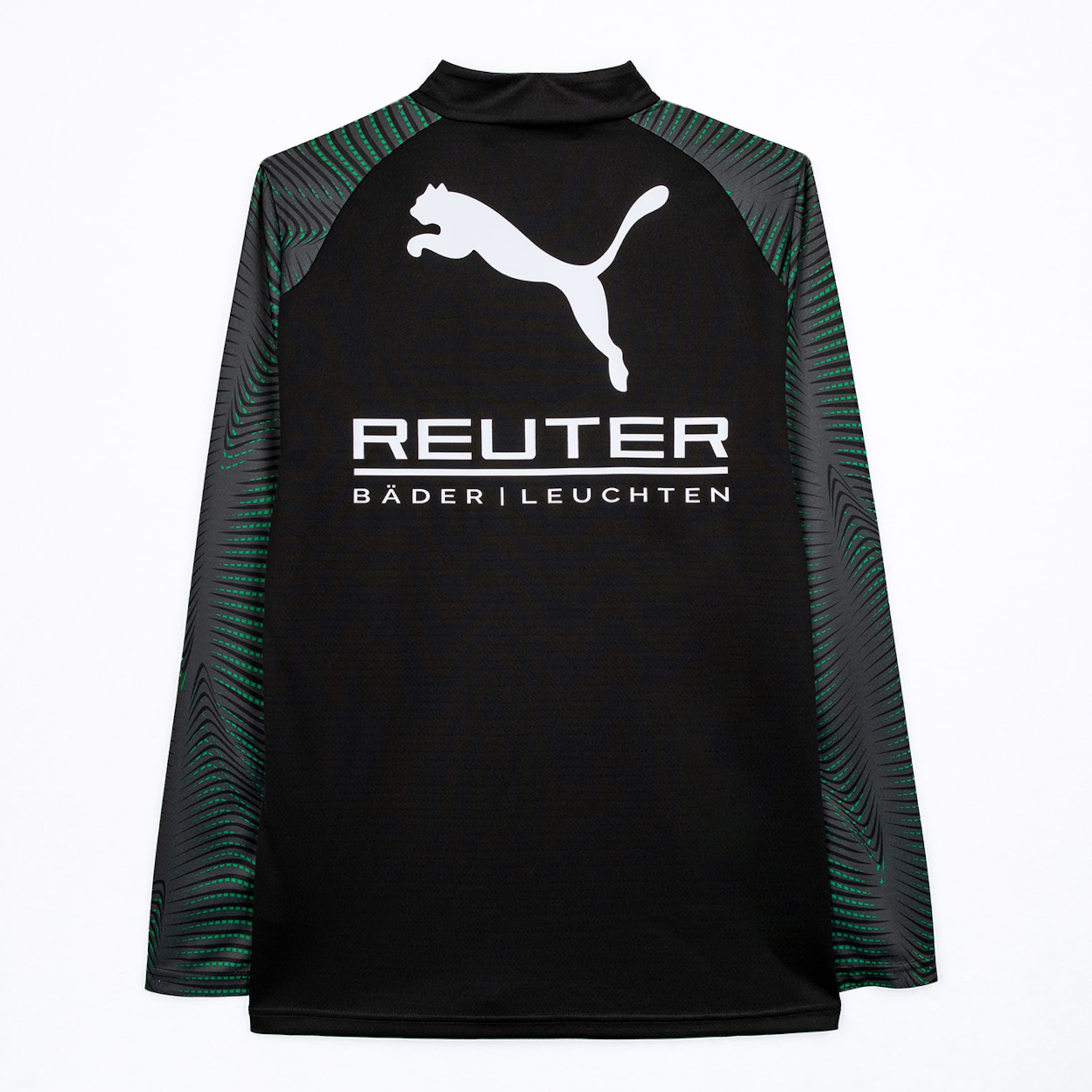 Black long-sleeved sports top with a stand-up collar and green-grey pattern on the sleeves. The white Puma logo and white Reuter sponsor are visible on the back. The top is laid flat, back view.