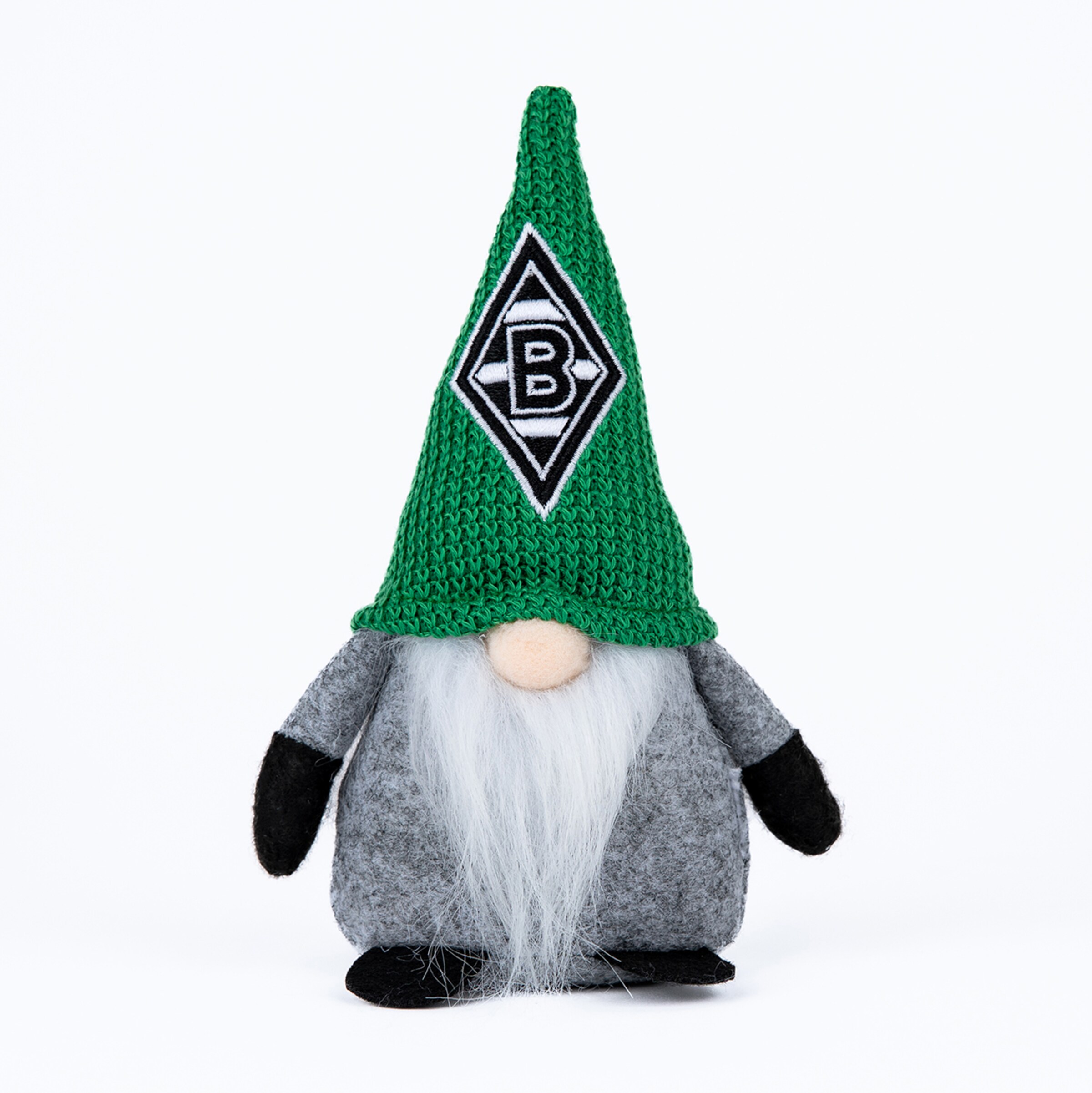 Plüsch-Gnom mit grauem Körper, weißem Bart und grüner Strickmütze mit Borussia-Mönchengladbach-Logo auf weißem Hintergrund.